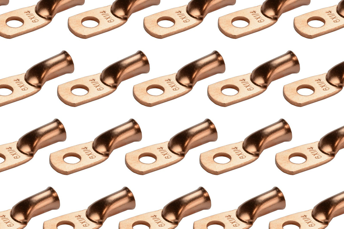 Temco 25 Pack Bare Copper Welding Battery Cable Ends, Lugs Terminal 6 Awg 1/4'' Hole (6 Awg To 1/0 Awg Options Available)