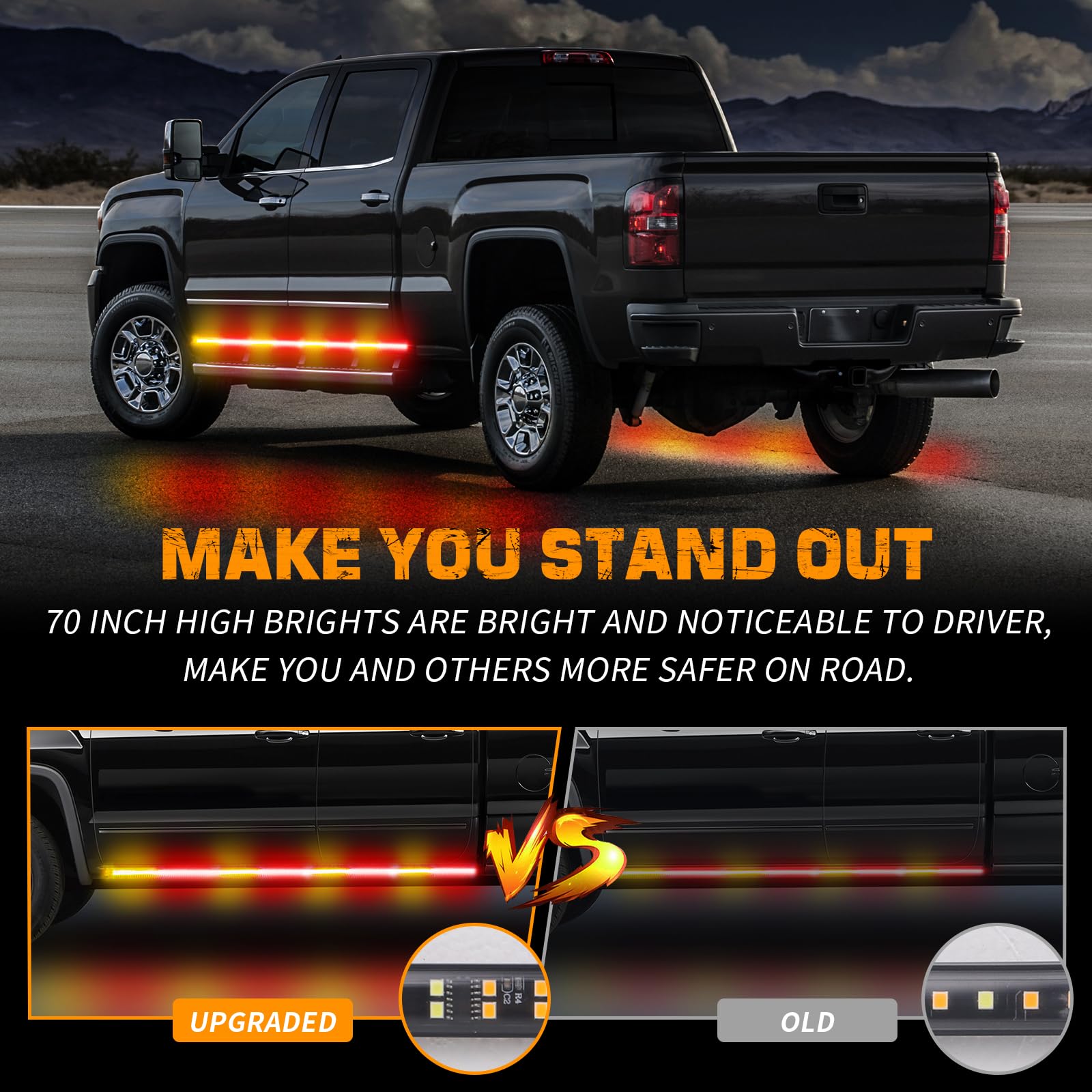 Xridonsen 2Pcs 70 Inch Truck Amber Red Emergency Lights Strip 864 Led Running Board Strobe Lights Bar Firefighter Lights Flashin