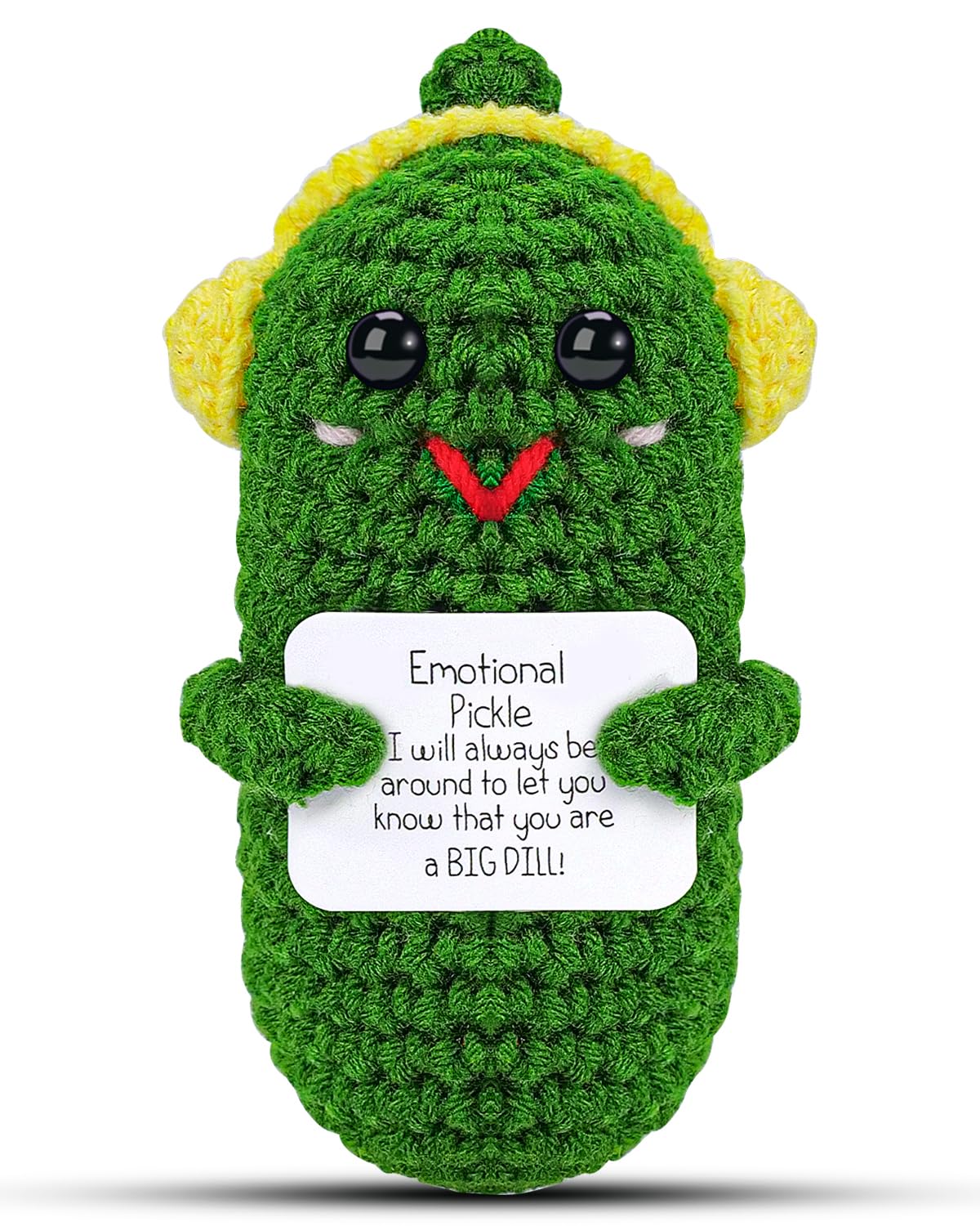 Hoedia Emotional Support Pickle With Yellow Headphone: Cucumber Crochet Dolls Friend Birthday Gifts For Women Men Coworkers Stud