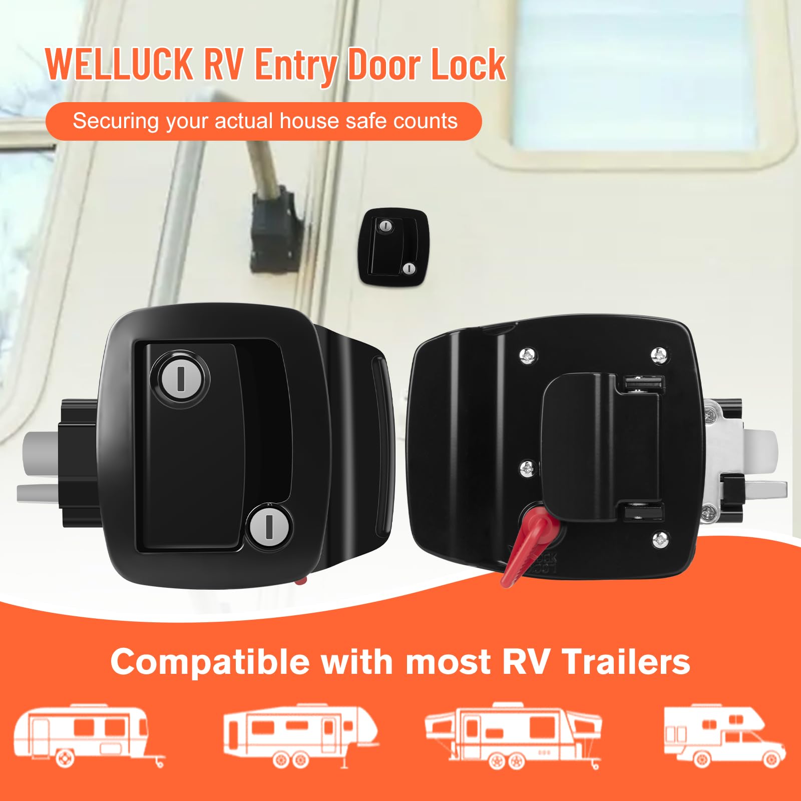 Welluck Rv Entry Door Lock With Paddle Deadbolt, 100% Metal Camper Door Latch Handle, Zinc Alloy Rv Door Lock Replacement Kit Secure For Camper Horse Travel Trailer Cargo Hauler, Black, Not Key Alike