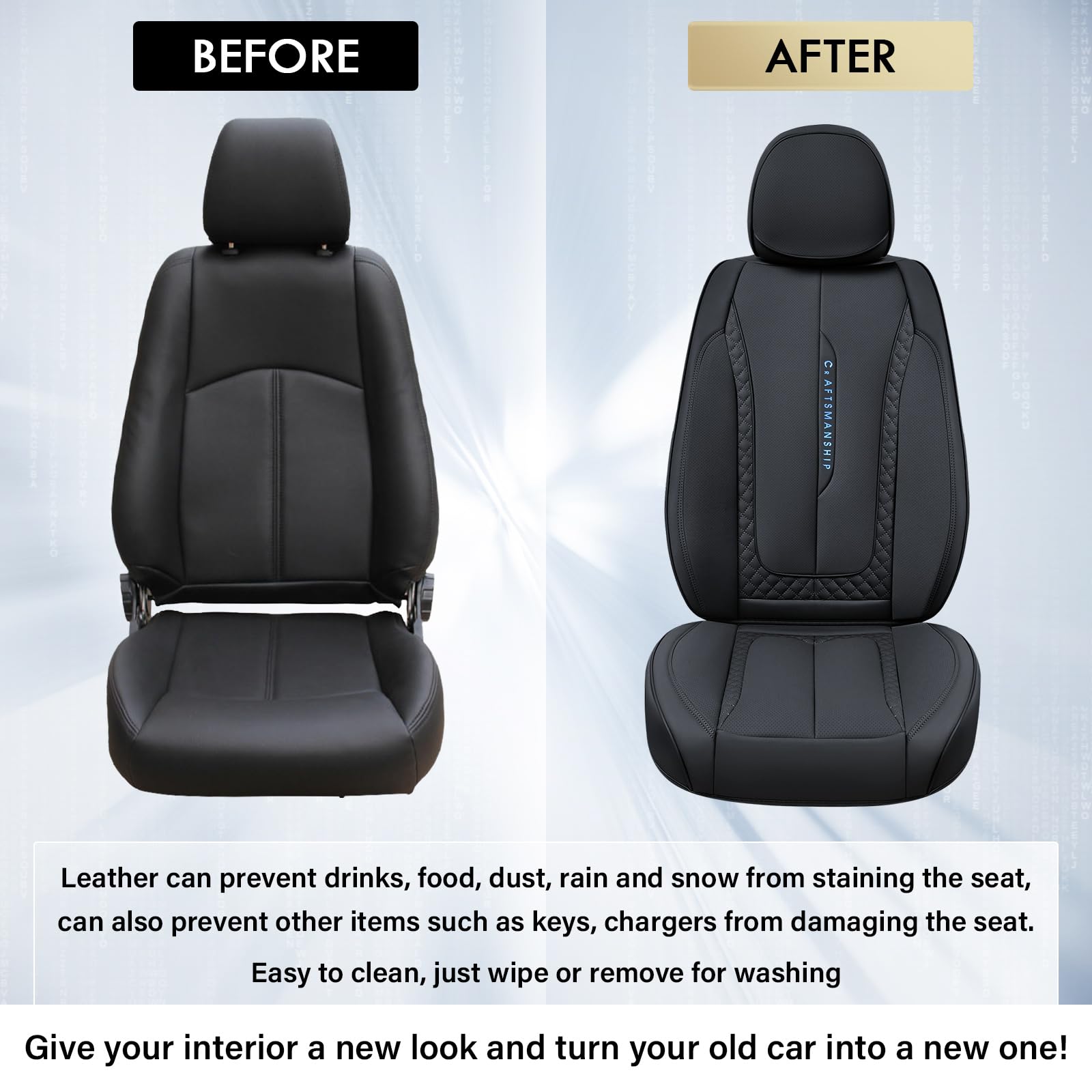 Coverado Car Seat Cover Full Set, Black Seat Covers Front Seats Back Seat Covers, Nappa Leather Waterproof, Car Seat Cushion, Ca