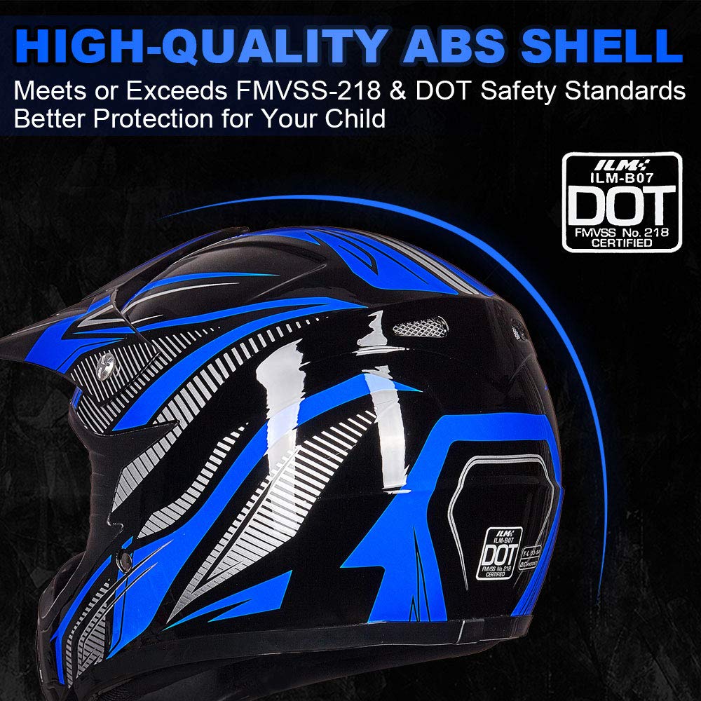 Ilm Youth Kids Atv Motocross Helmet Goggles Sports Gloves Dirt Bike Motorcycle Off Road Dot Approved B07 (Youth-Xl, Blue/Silver)