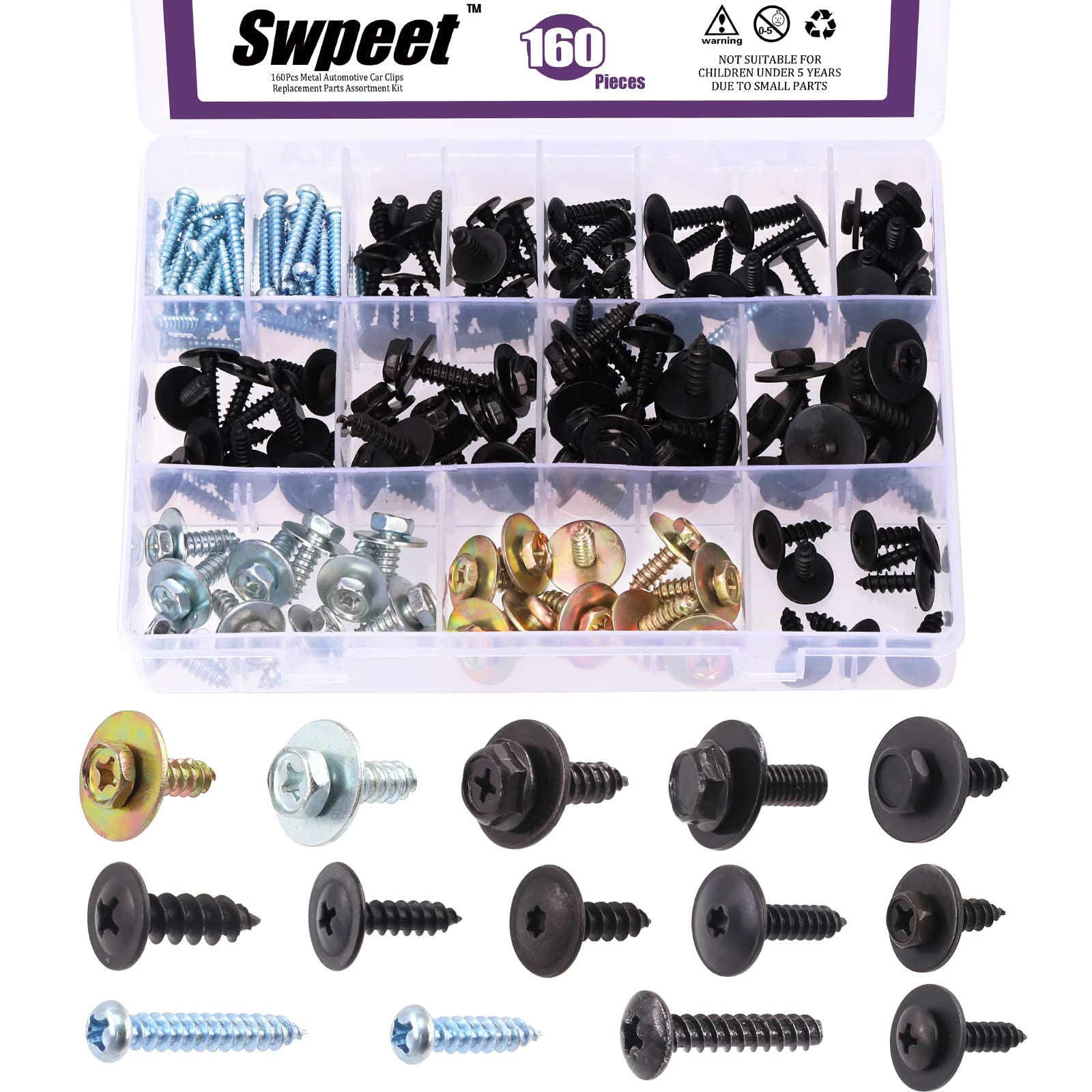 Swpeet 160Pcs 14 Sizes Metal Car Screw Body Bumper Hood Retainer Clips with Phillips Round Head Self Tapping Screw Assortment Ki