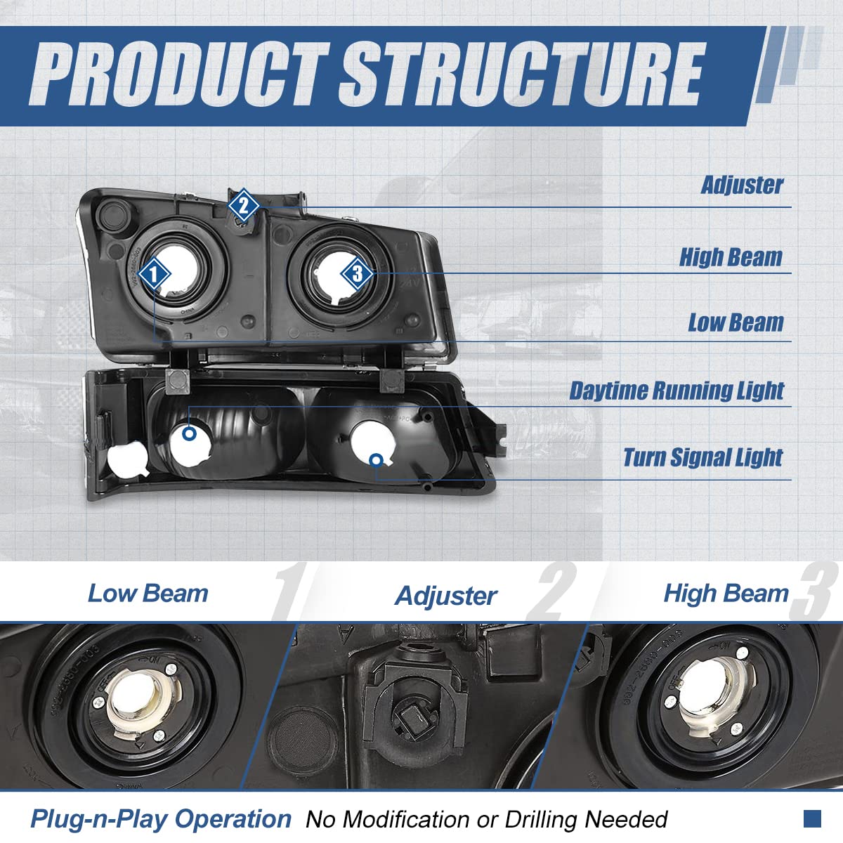 [Halogen Model] 4Pcs Oe Style Headlights Assembly With Bumper Lamps Compatible With Chevy Silverado Avalanche 03-07 (Without Factory Cladding), Driver And Passenger Side, Smoked Lens Amber Corner