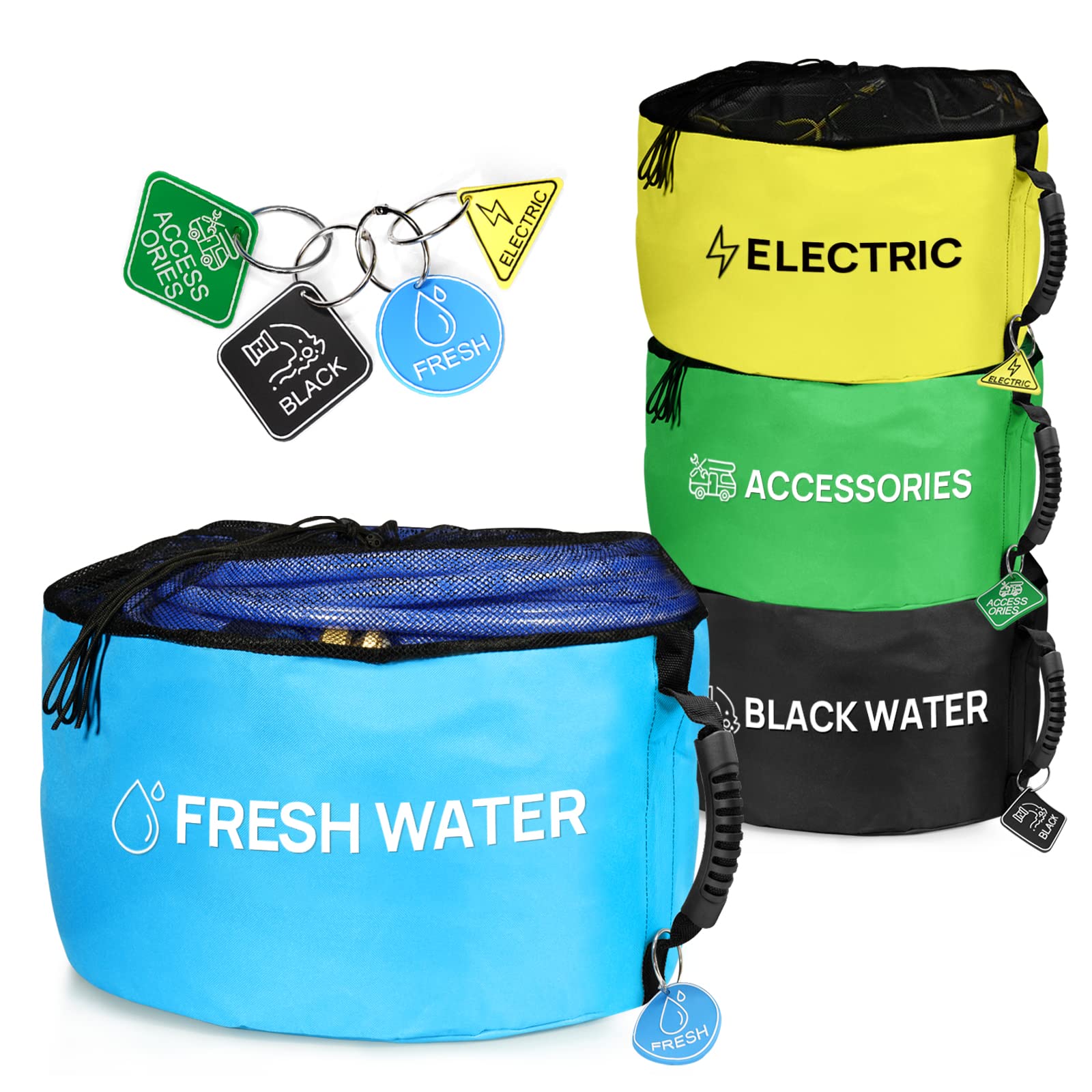 Rv Hose Storage Bag Of 4 Pack, Camper Accessories For Outside, Rubber Identification Tags For Fresh/Black Water Sewer Hoses Elec