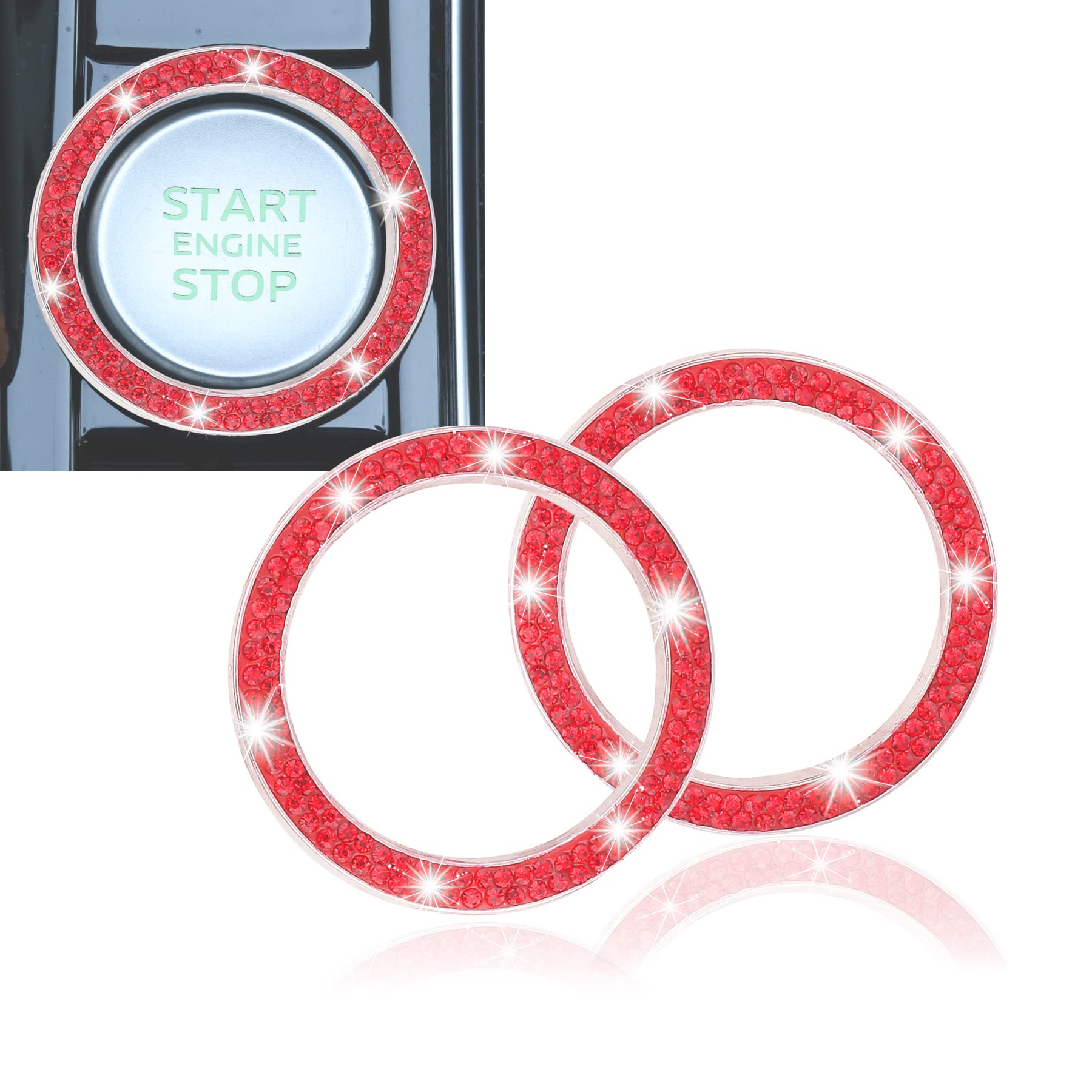 Livtee 2 Pcs Crystal Double Rhinestone Car Engine Start Stop Decoration Ring, Bling Car Interior Accessories For Women, Push To Start Button Cover/Sticker, Key Ignition & Knob Bling Ring, Red
