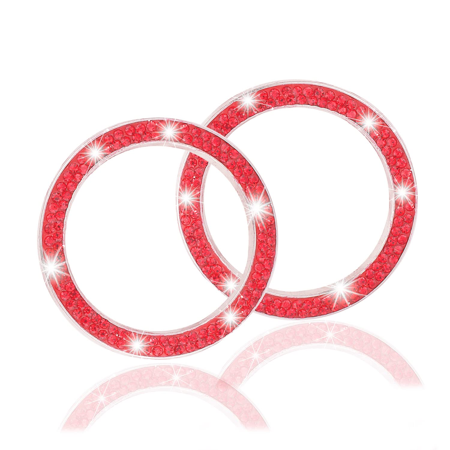 Livtee 2 Pcs Crystal Double Rhinestone Car Engine Start Stop Decoration Ring, Bling Car Interior Accessories For Women, Push To Start Button Cover/Sticker, Key Ignition & Knob Bling Ring, Red
