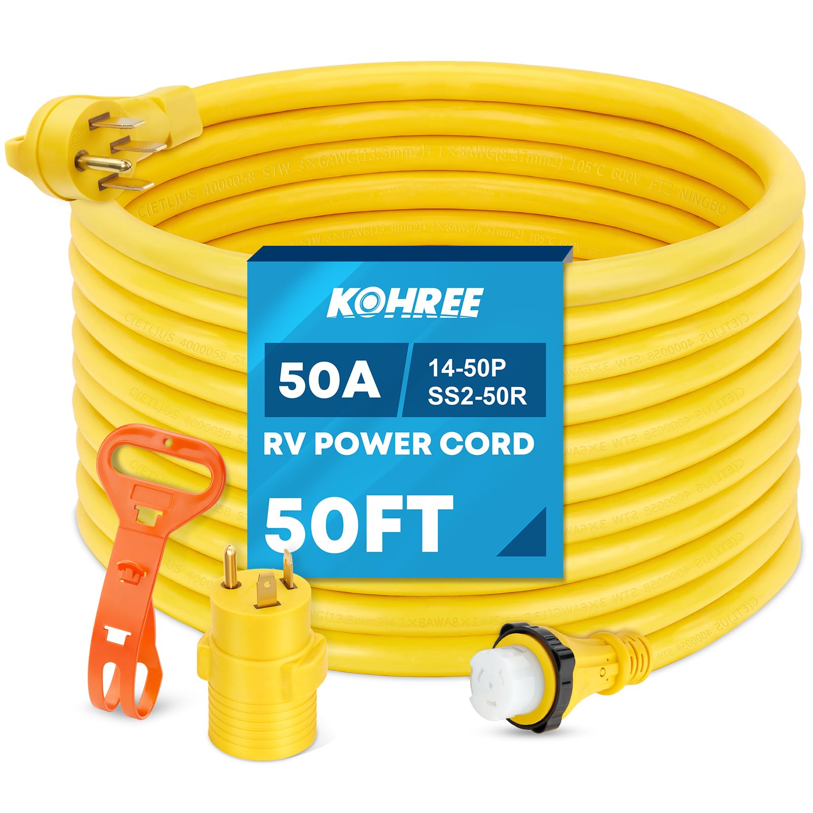 Kohree 50' Rv Extension Cord 50 Amp Generator Cord, 50 Amp Rv Power Cord With Grip Handle, Nema 14-50P To Ss2-50R Twist Lock, 30
