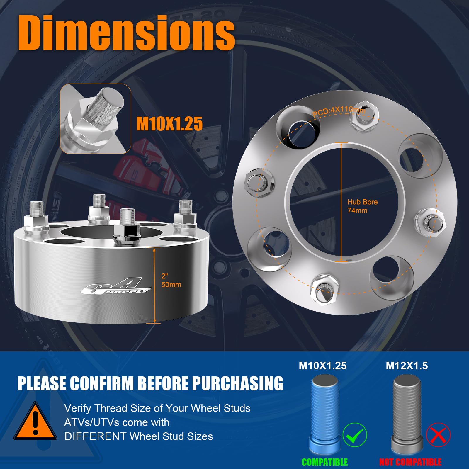 Gasupply 4X110 Wheel Spacers 2 Inch, Atv Wheel Spacers Adapters 74Mm Hub Bore With 10  1.25 Studs, Compatible With Honda, Suzuki