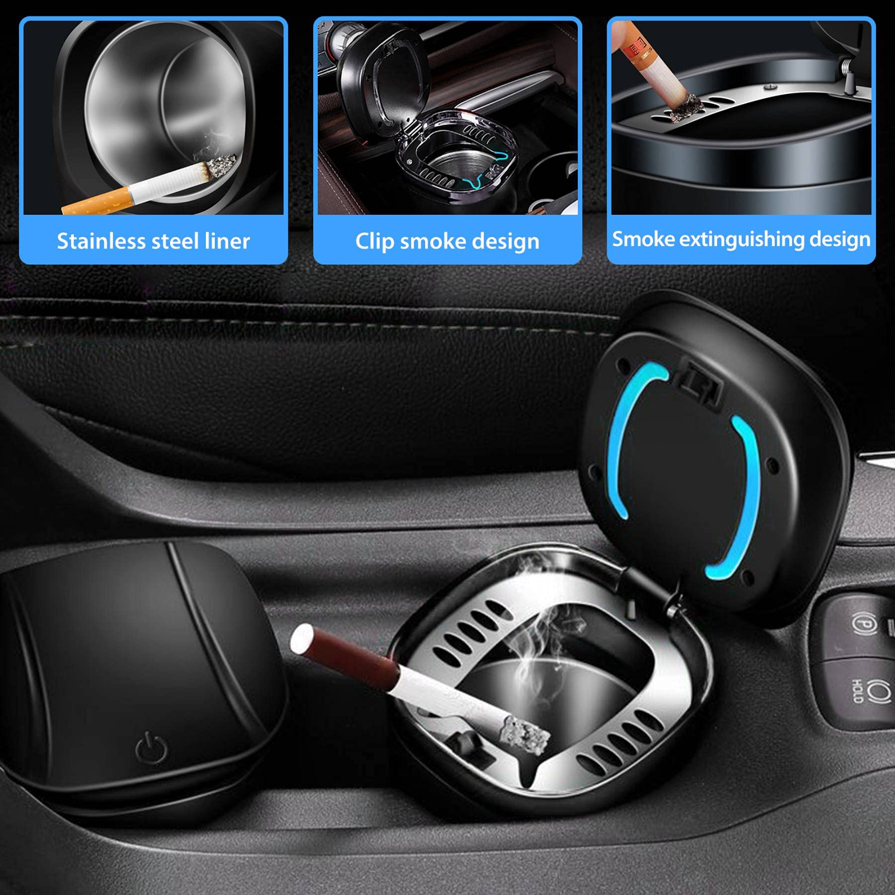 Car Ashtray With Lid Smell Proof, Smokeless Ashtray, Mini Car Trash Can, Detachable Stainless Steel Ash Tray With Lid And Led Bl