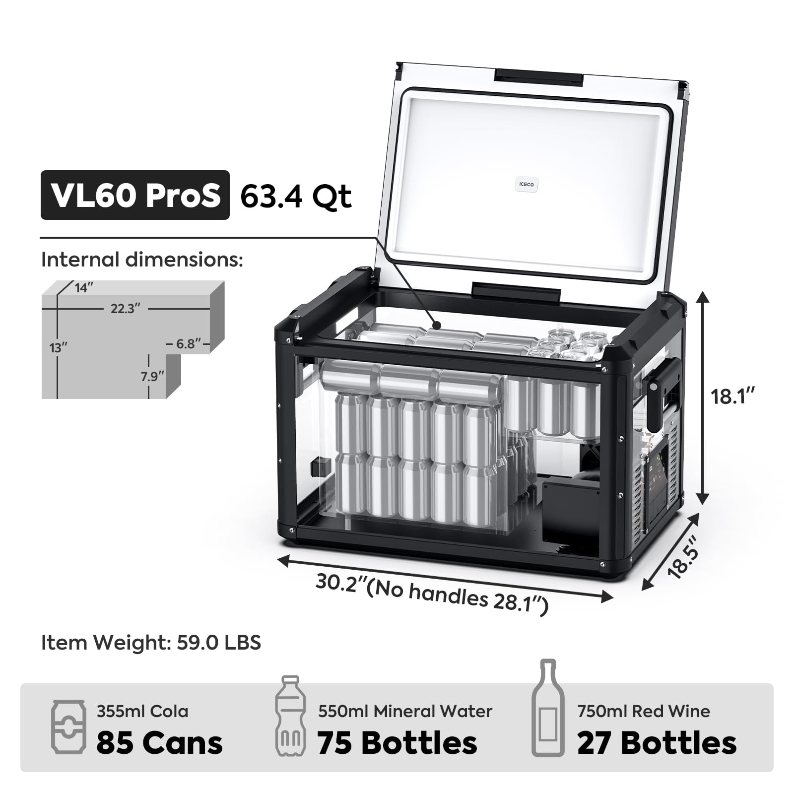 Iceco Vl60 Pros Portable Refrigerator, Multi-Directional Lid, Dual Usb & Dc 12/24V, Ac 110-240V, 60L Steel Compact Refrigerator