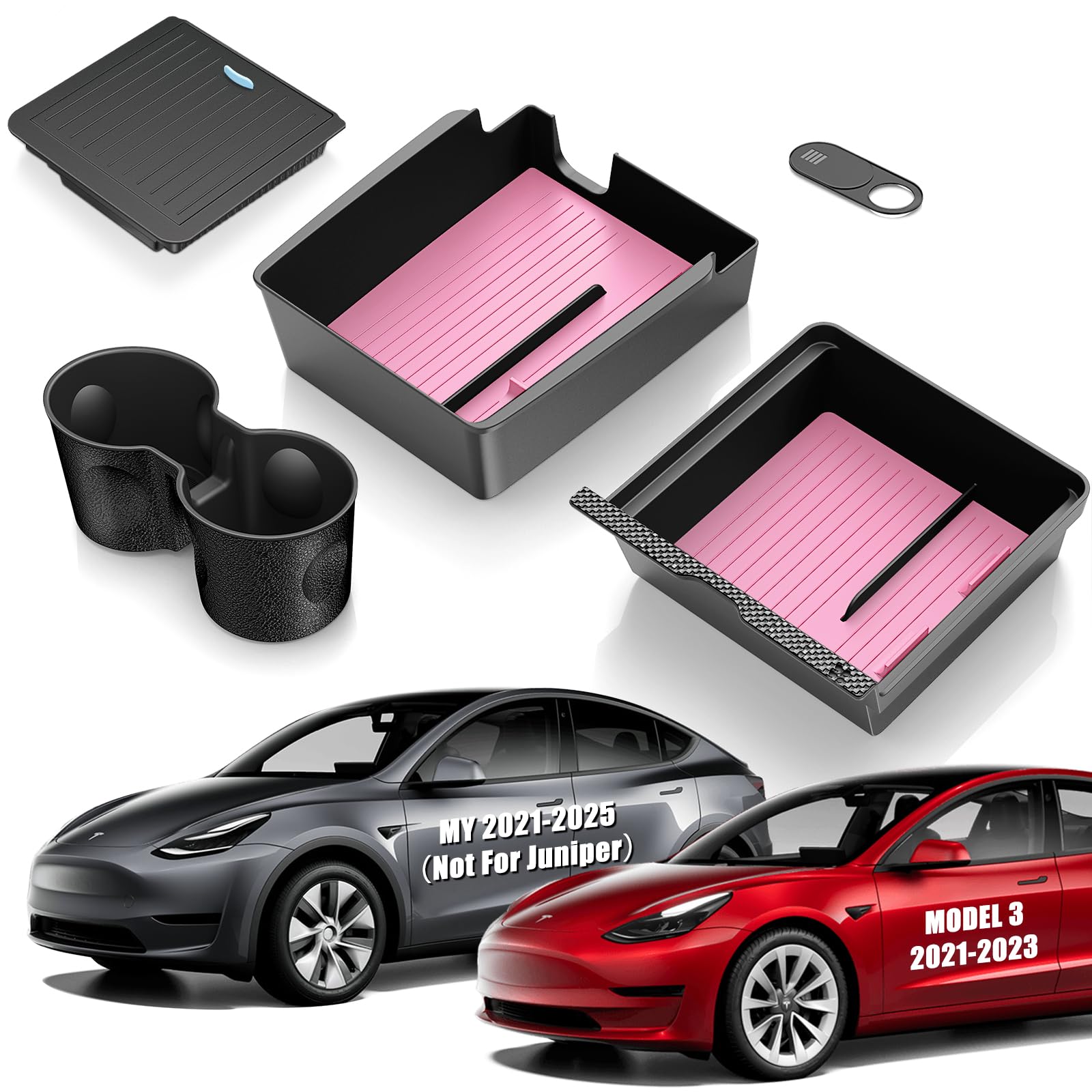 5Pcs Center Console Organizer Tray Compatible For Tesla Model Y Accessories 2025 2024-2021 Armrest Hidden Drawer Storage Box Cup