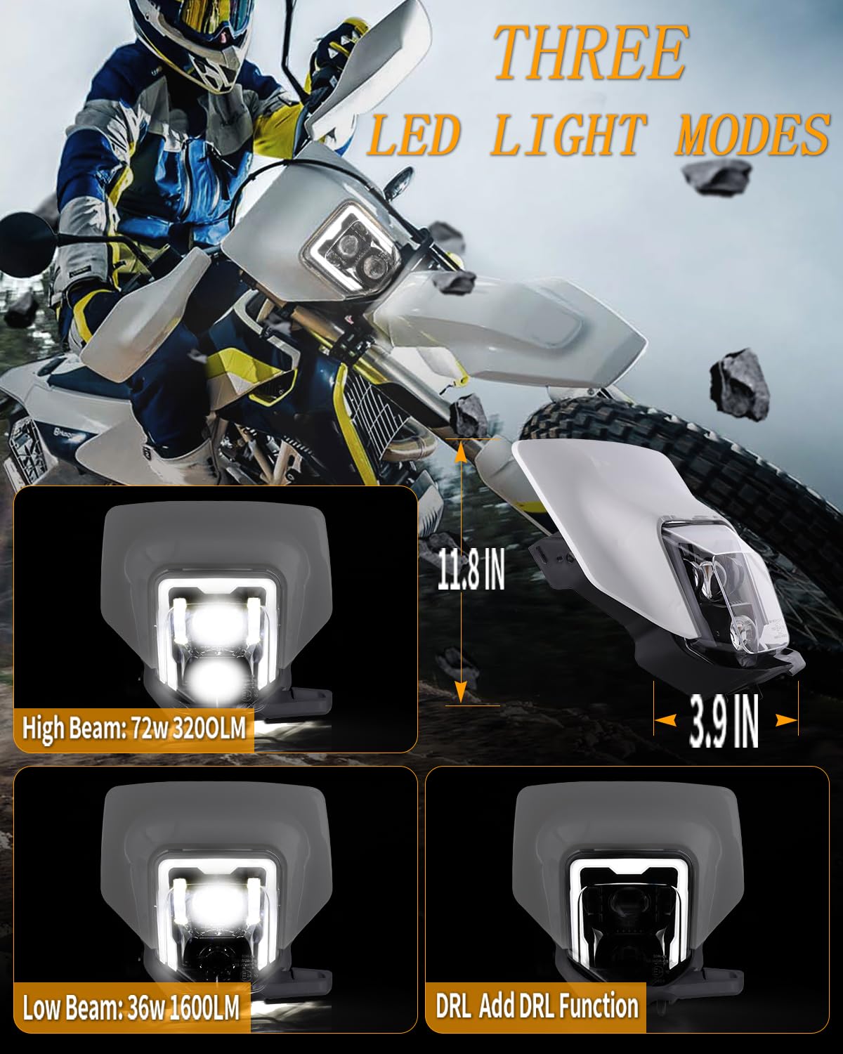 Ramjet4X4 Led Dirt Bike Headlight Motocross Headlamp W/Bezel Fit For 2017-2023 Husqvarna Fe 250 350 450 501 701, Te150 250I 300I