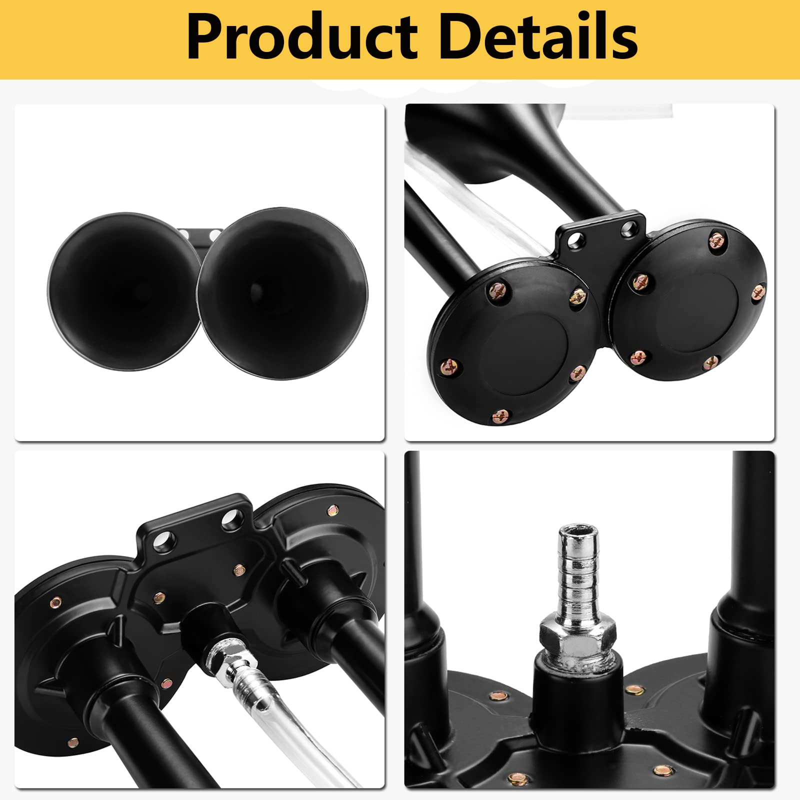 150Db Super Loud Dual Trumpet Air Horn Kit With Compressor For Vehicles, Trucks, Trains, Boats - 12V, Black