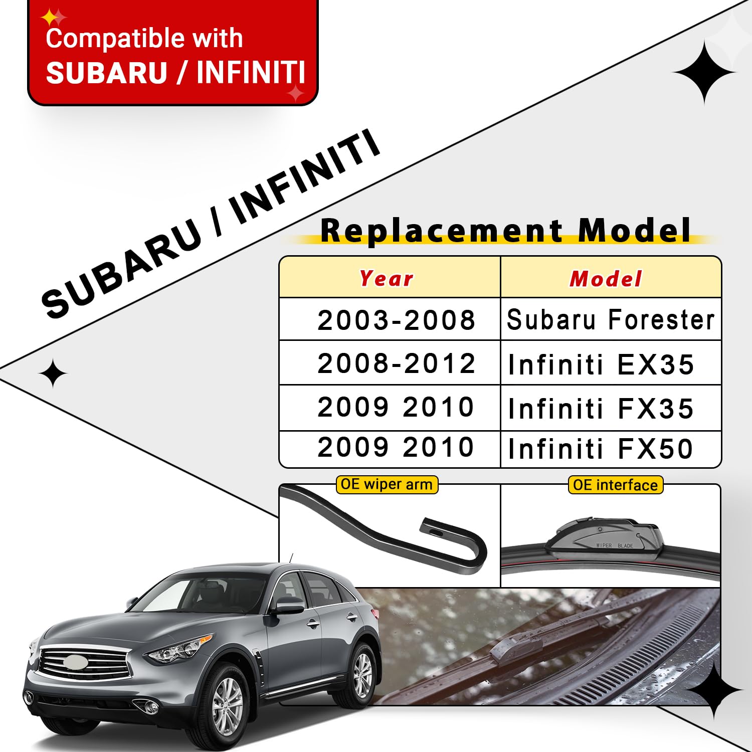 Raintok Windshield Wiper Blades Replacement For 2003-2008 Subaru Forester / 2009 2010 Infiniti Fx35 Fx50 Original Factory Quality Front Rear Back Wipers Set For My Car - 22 19 14