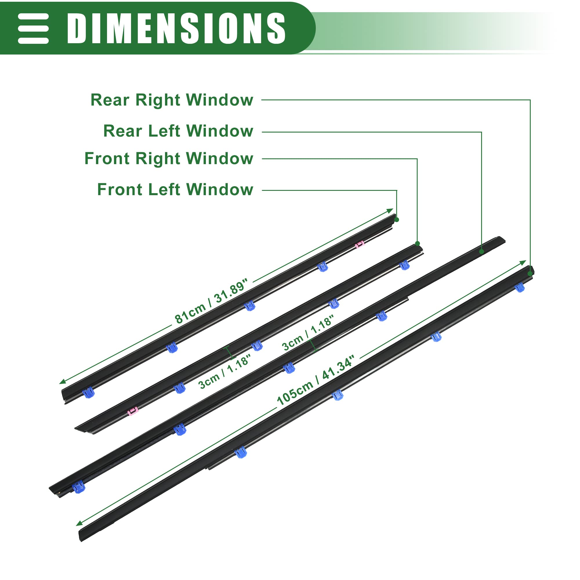 Motoforti Weatherstrip Window Trim Seal Belt Kit, Car Outside Window Seal Belt, For Honda Civic 2012-2015, Abs, 72450Tr0A01, Black, 1 Set, Front Rear Left Driver Right Passenger Side