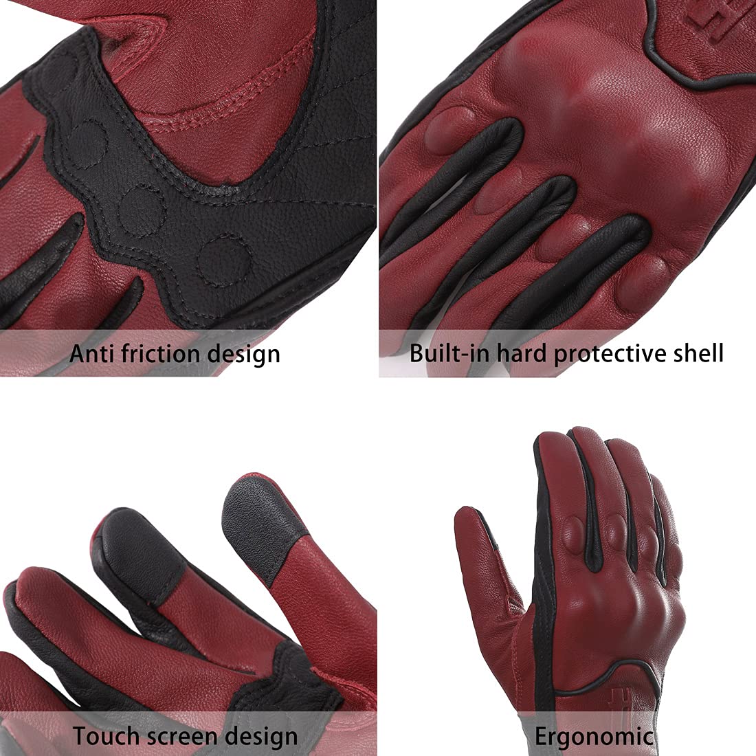 Harssidanzar Motorcycle Gloves For Men, Leather Touch Screen Riding Driving Gloves Gm028Us,Oxblood/Black,Size,S