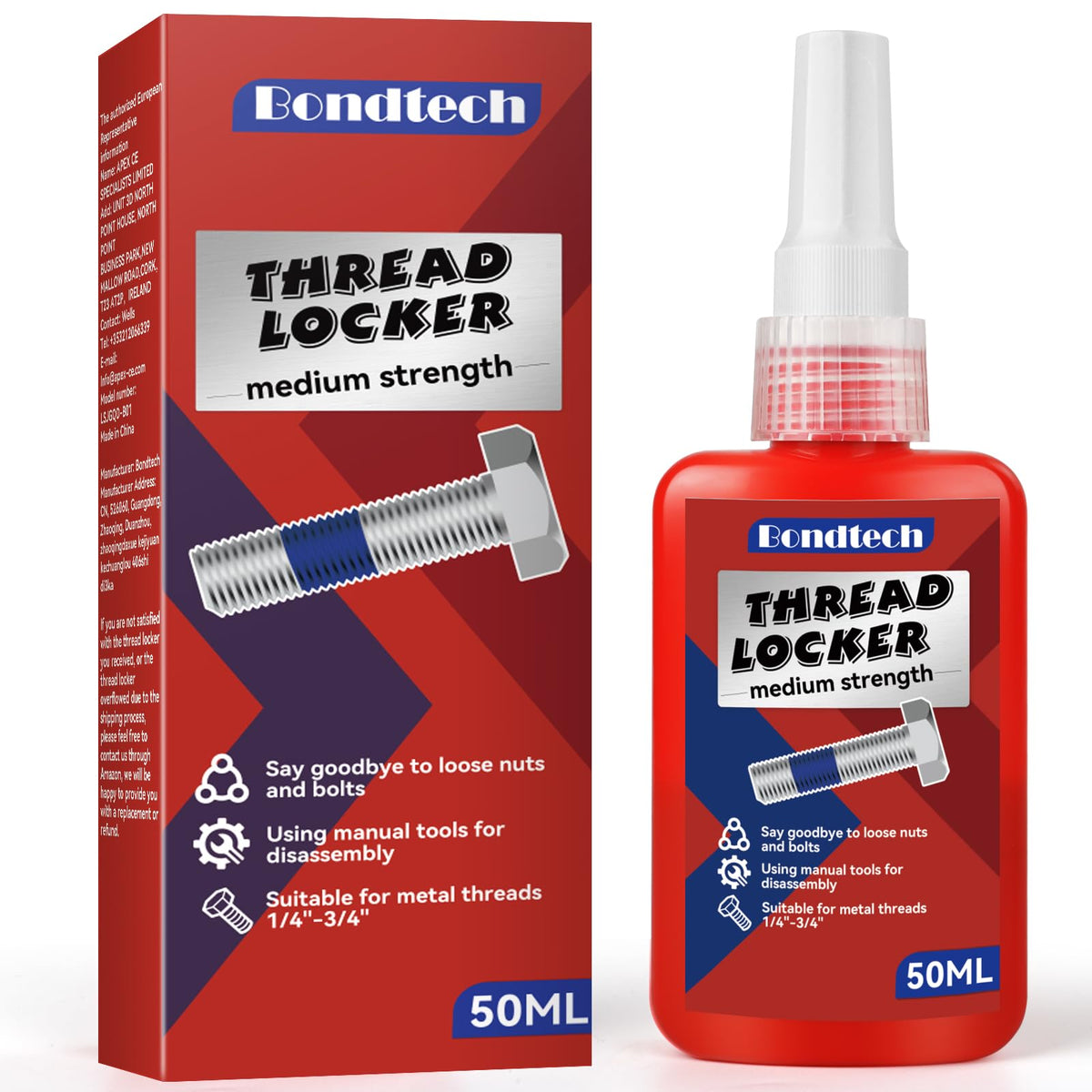 Threadlocker, Blue Thread Lock Medium Strength 50 Ml, Lock & Seal Metal Fasteners, For 1/4''-3/4'' Thread, Stable Screw Glue (Me