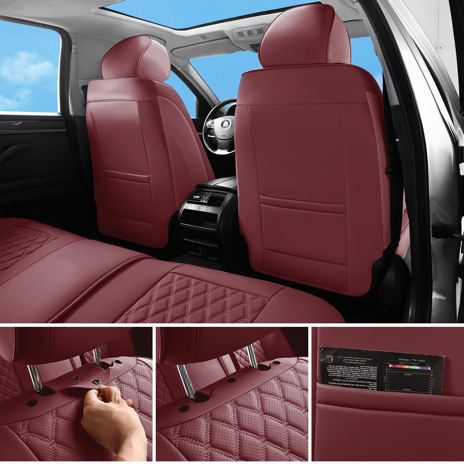 Sxikin Car Seat Covers Full Set Burgundy, Luxury Faux Leather Car Seat Covers Waterproof Non-Slip Seat Protector Universal Fit F