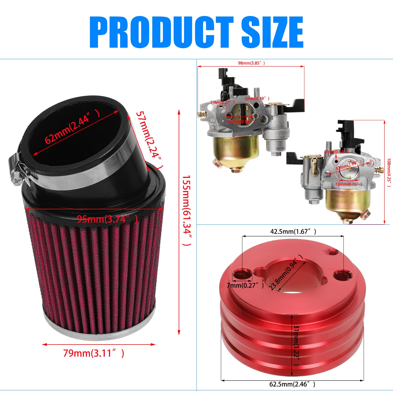 Yoxufa 212Cc Carburetor Kit Replacement For Predator 212 224Cc Coleman Ct200U Ct200U-Ex Bt200X Baja Trailmaster Warrior Mb200 Axis M200 196Cc 200Cc Gx160 Gx200 6.5Hp Mini Bike Go Kart Parts