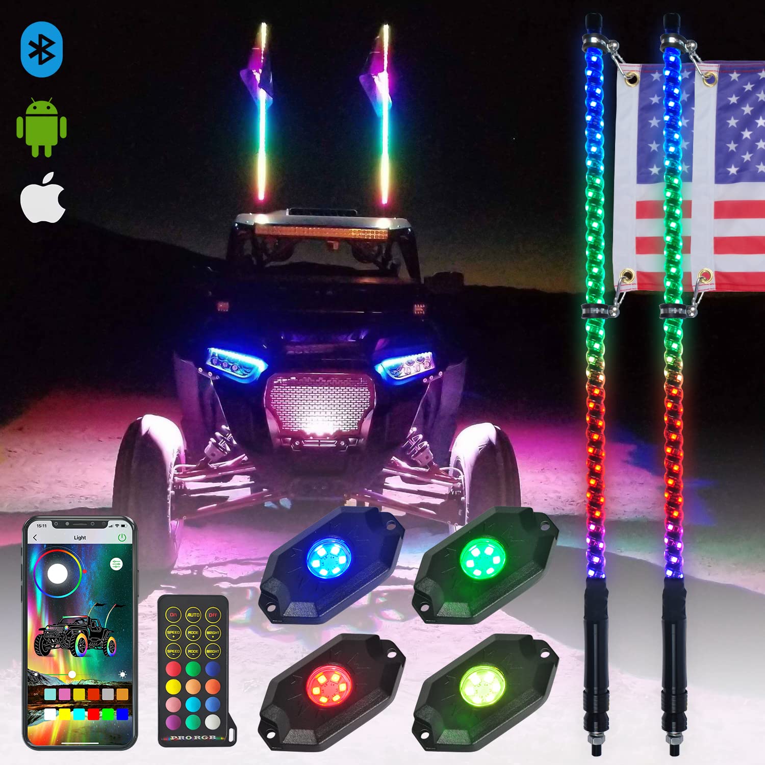 OHMU 2Pcs 3FT Led Whips and 3rd-Gen Rocks Lights Combo Bluetooth and Remote Control,Upgraded Higher Brightness 360 Spiral RGB Ch