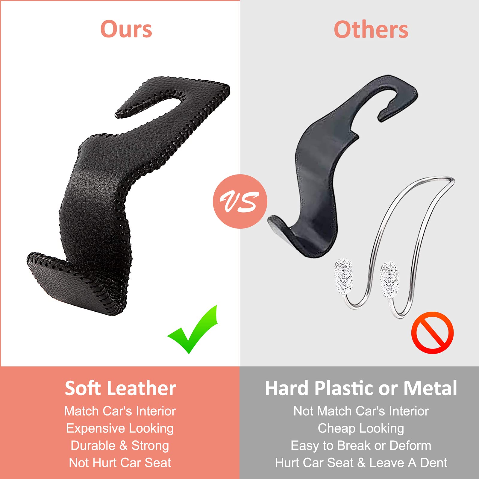 Tisohugo Car Seat Hooks, Cars Backseat Headrest Hangers Genuine Leather Stylish Vehicle Organizer Holders For Purse Clothes Hat