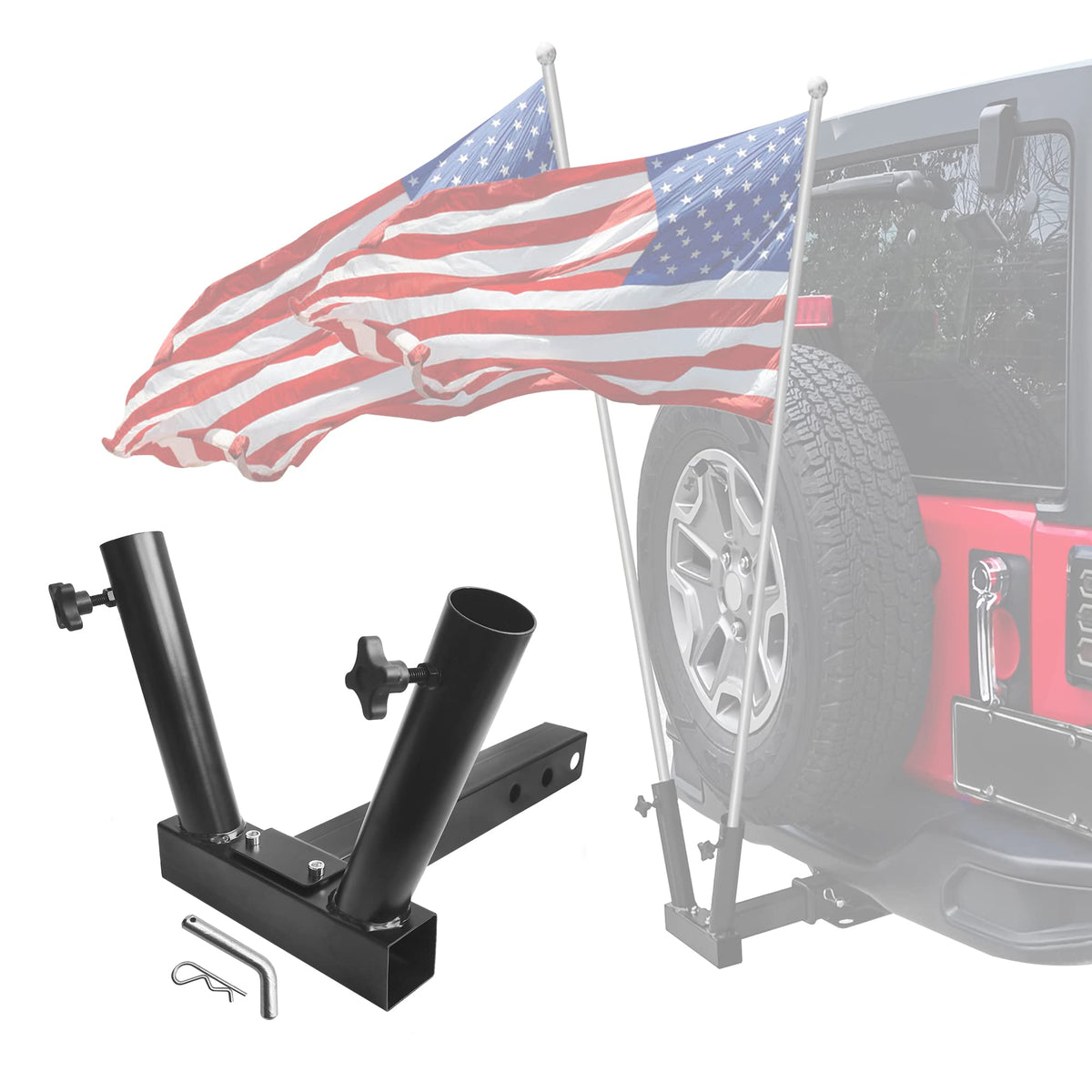 Kairay Hitch Mount Dual Flagpole Holder Universal For Standard 2 Inch Receiver Fit For Truck Suv Rv Pickup