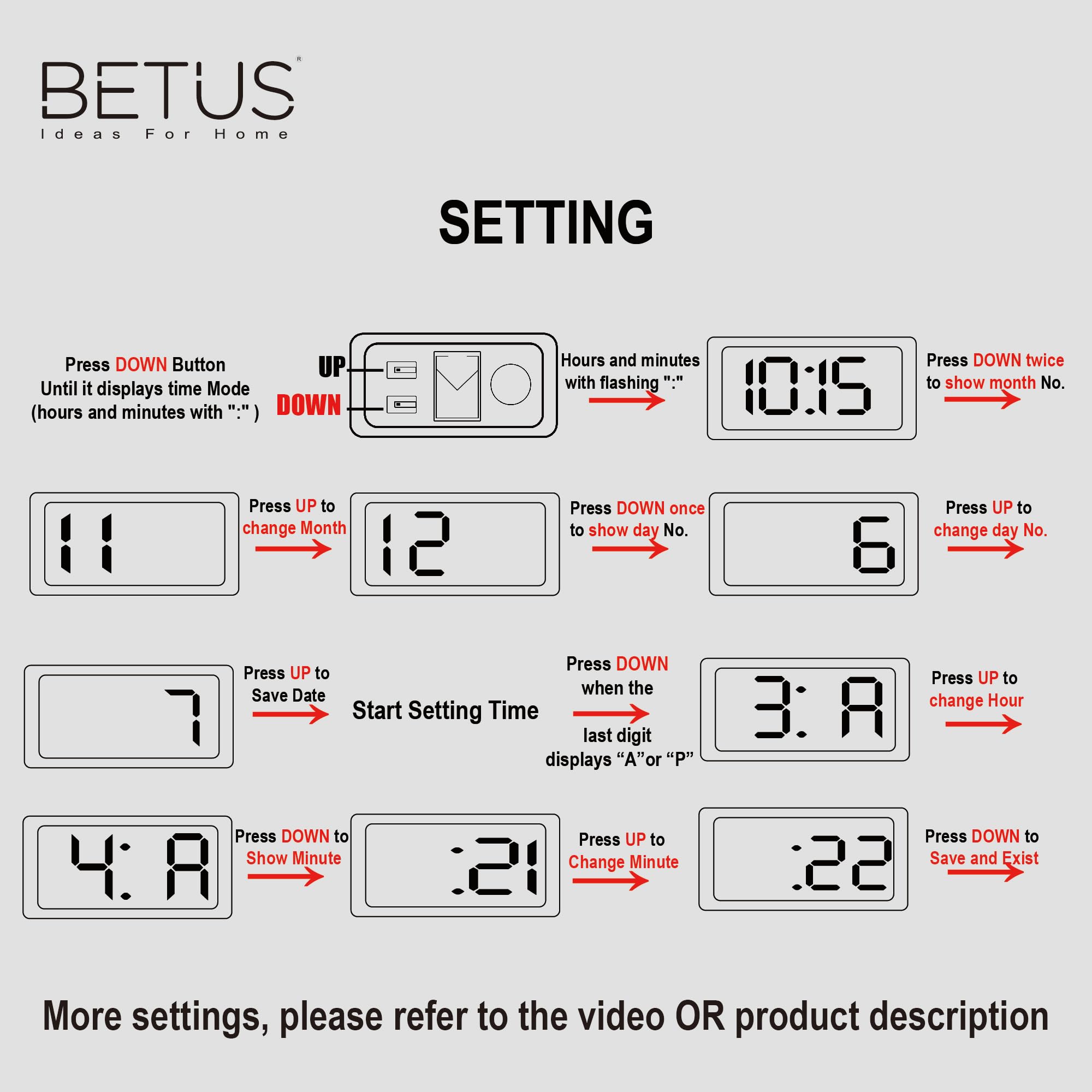 Betus Car Dashboard Digital Clock - Vehicle Adhesive Clock With Jumbo Lcd Time & Day Display - Mini Automotive Stick On Watch Fo