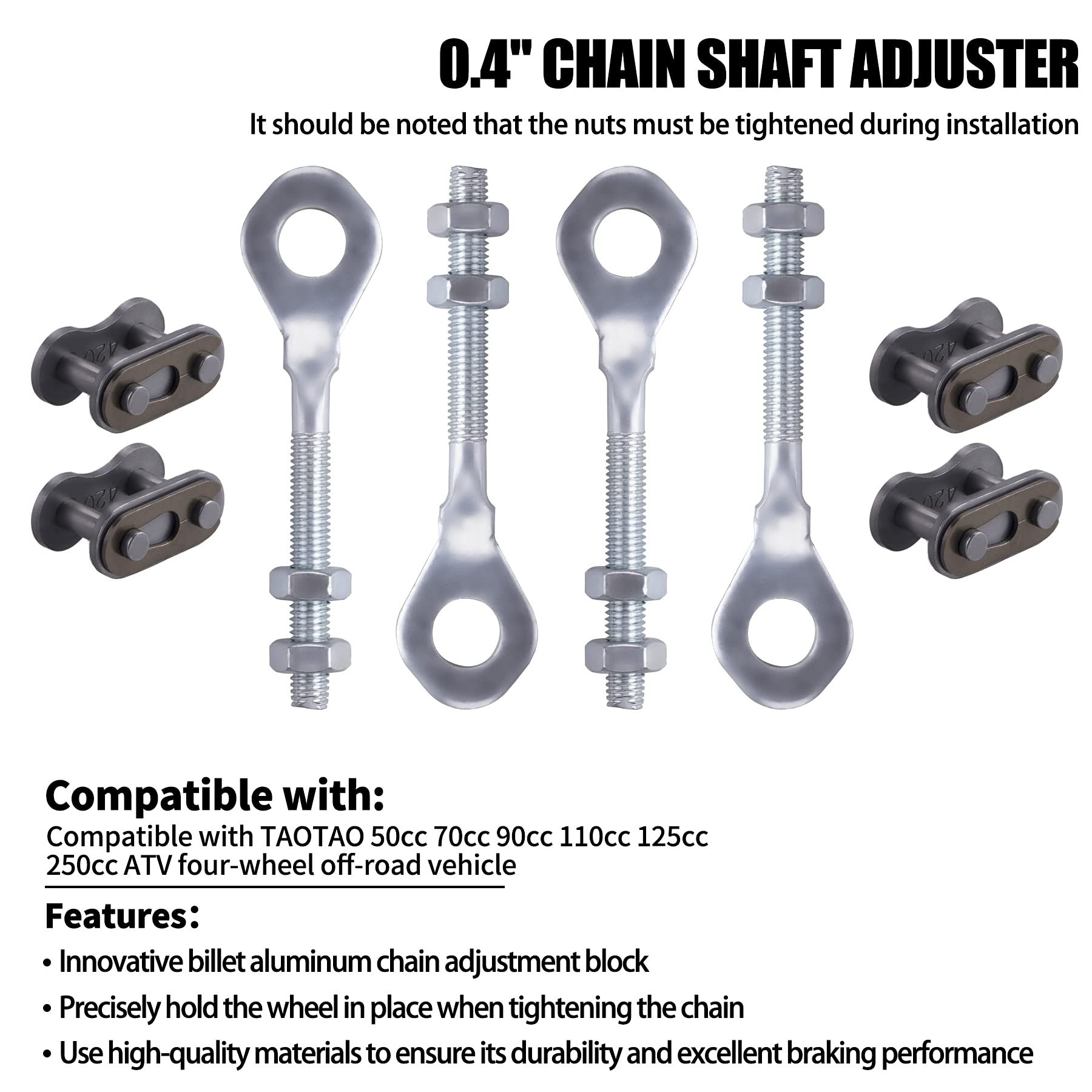 Cncmotok 0.4' Chain Axle Adjuster, 2Pcs 13Mm Aperture Dirt Bike Chain Accessories Compatible With Taotao 50Cc 70Cc 90Cc 110Cc 125Cc 250Cc Atv Quad Dirt Bike With 4Pcs 420 Chain Connector Links.