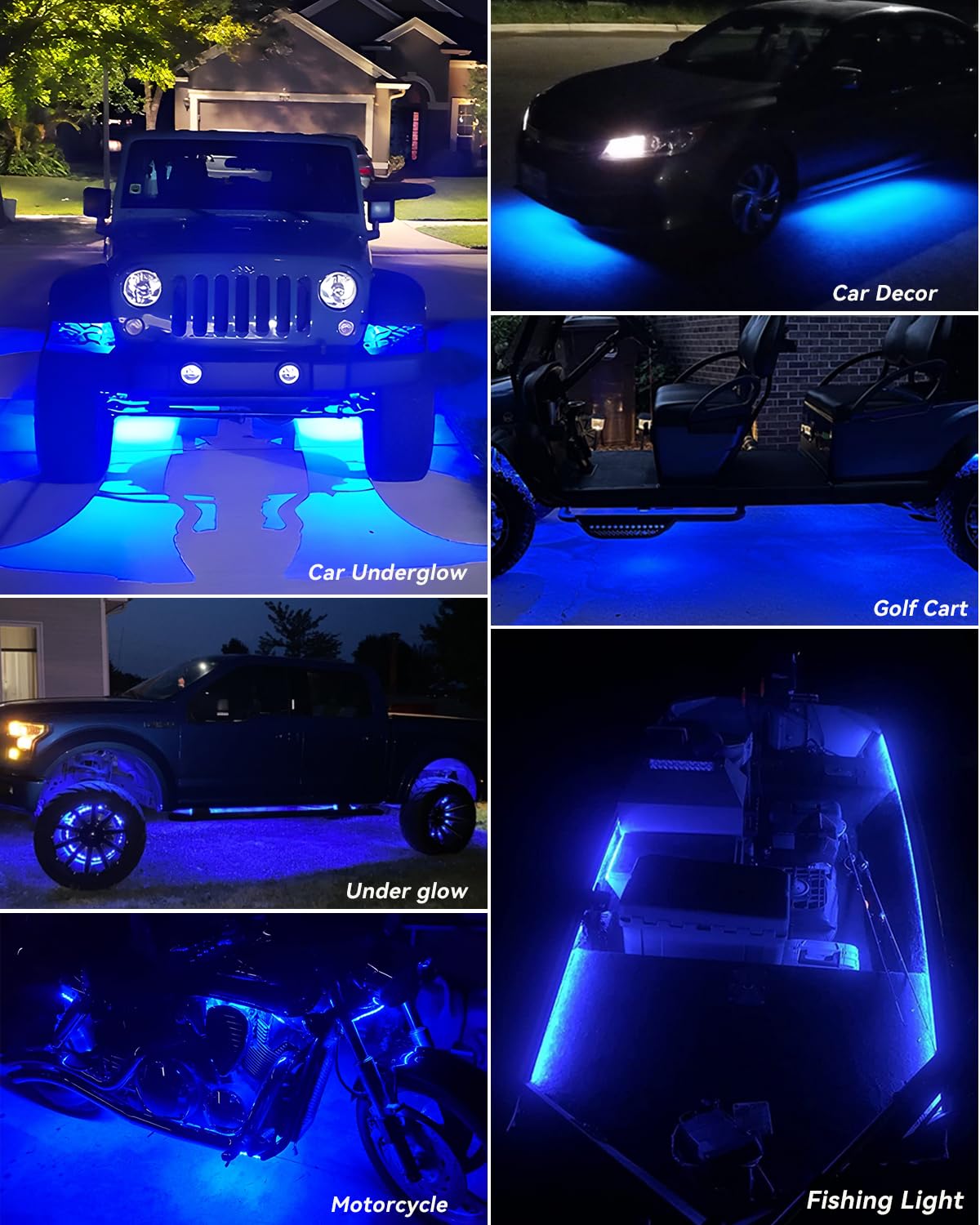 Car Led Strip Lights 24' Connectable Blue Led Light Strips For Cars Interior Lights Boat Marine Golf Cart Trucks Waterproof Led Strip 12V, 4Pack