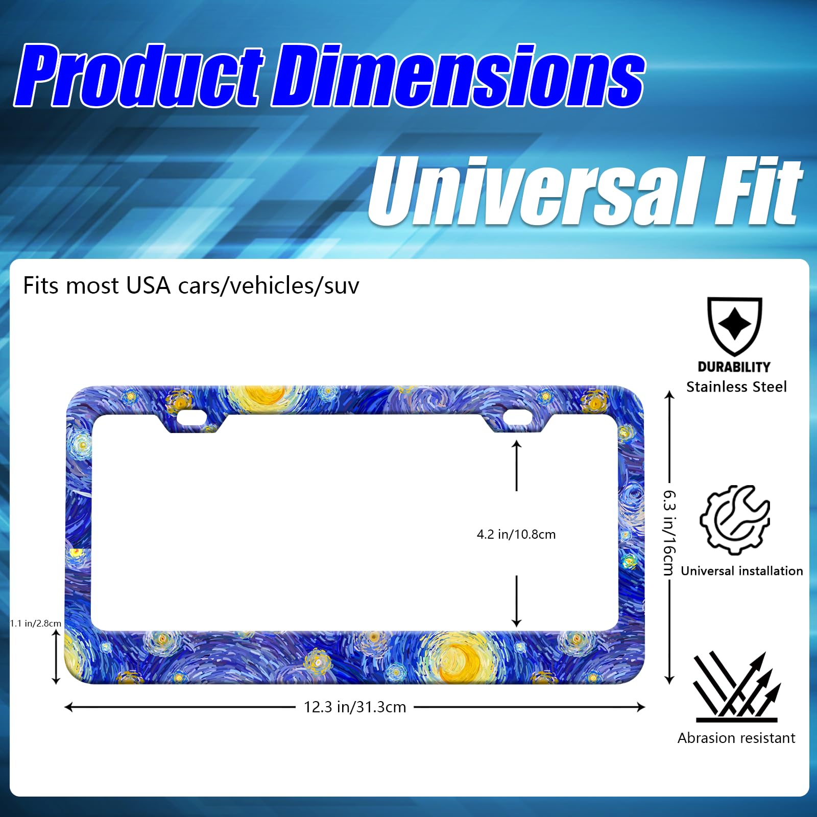 Starry Night License Plate Frames Blue Sky Van Gogh License Plate Holder for Car Decor Parts Stainless Steel License Plate Cover