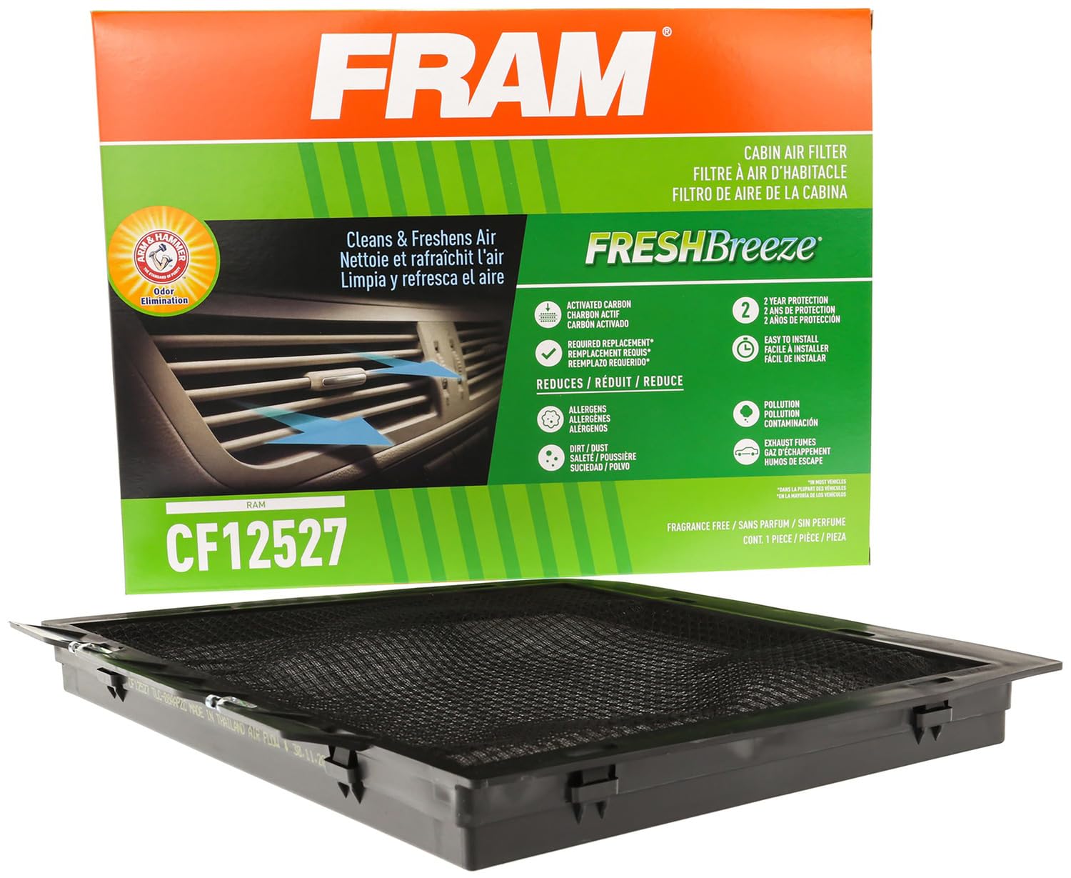 Fram Fresh Breeze Cabin Air Filter Replacement With Arm & Hammer Baking Soda And Activated Carbon, Cf12527, 2 Year Protection, E
