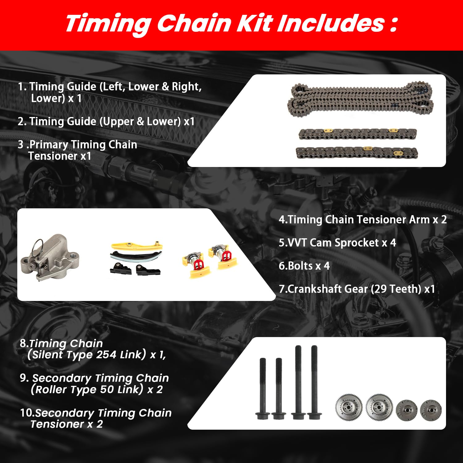 Zumuraauto Engine Timing Chain Kit Suitable For Lincoln Taurus Transit Explorer F150 Cam Phaser Vvt Set Oe At4Z6L266B, At4Z6K297B, At4Z6K254A, At4Z6B274A, At4Z6K297A, At4E6K297, At4Z6K255A Timing Part