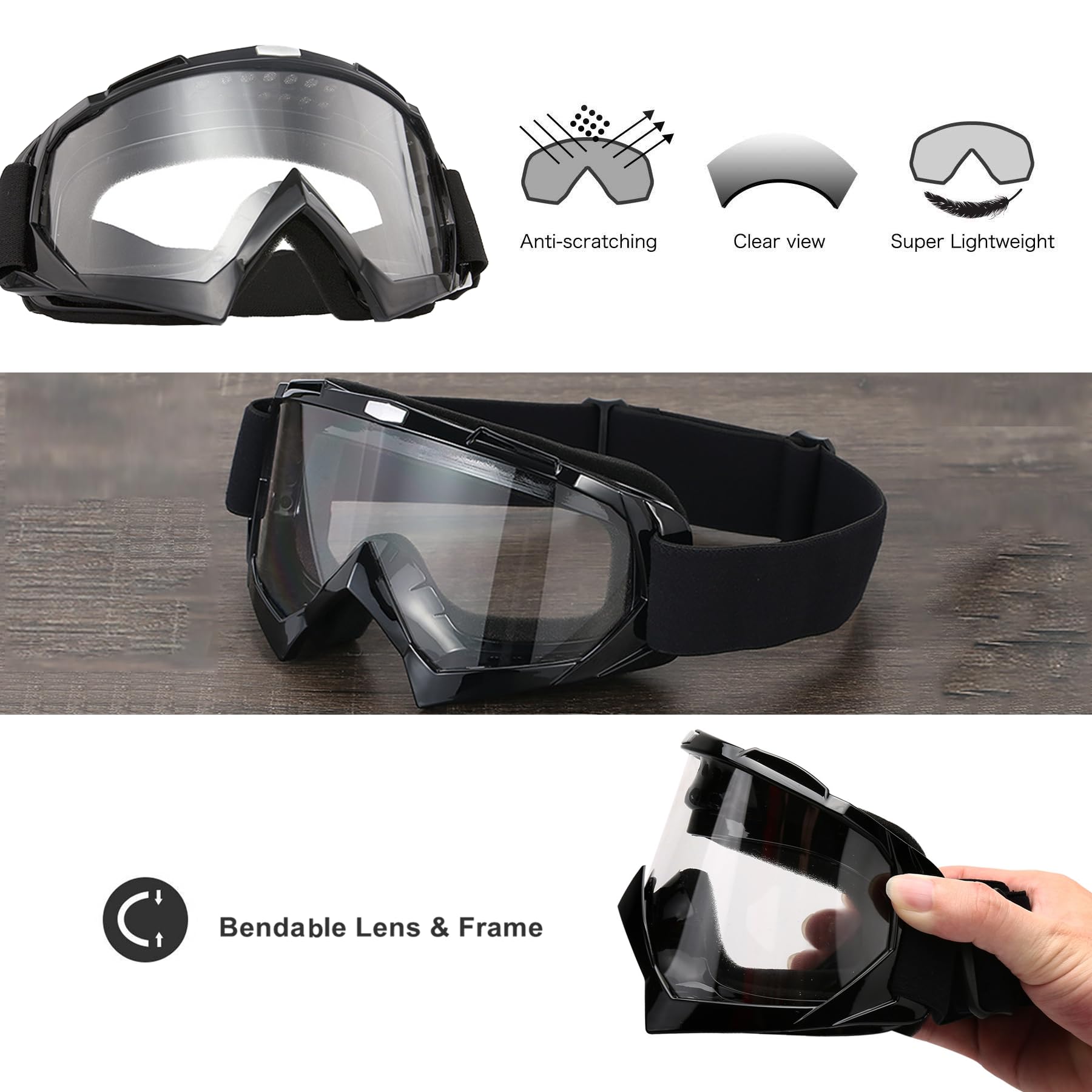 LJDJ Dirt Bike Goggles, Motorcycle Goggles 2 Pack ATV Goggles Riding Goggles Ski Goggles Windproof Offroad Protective Glasses Ra