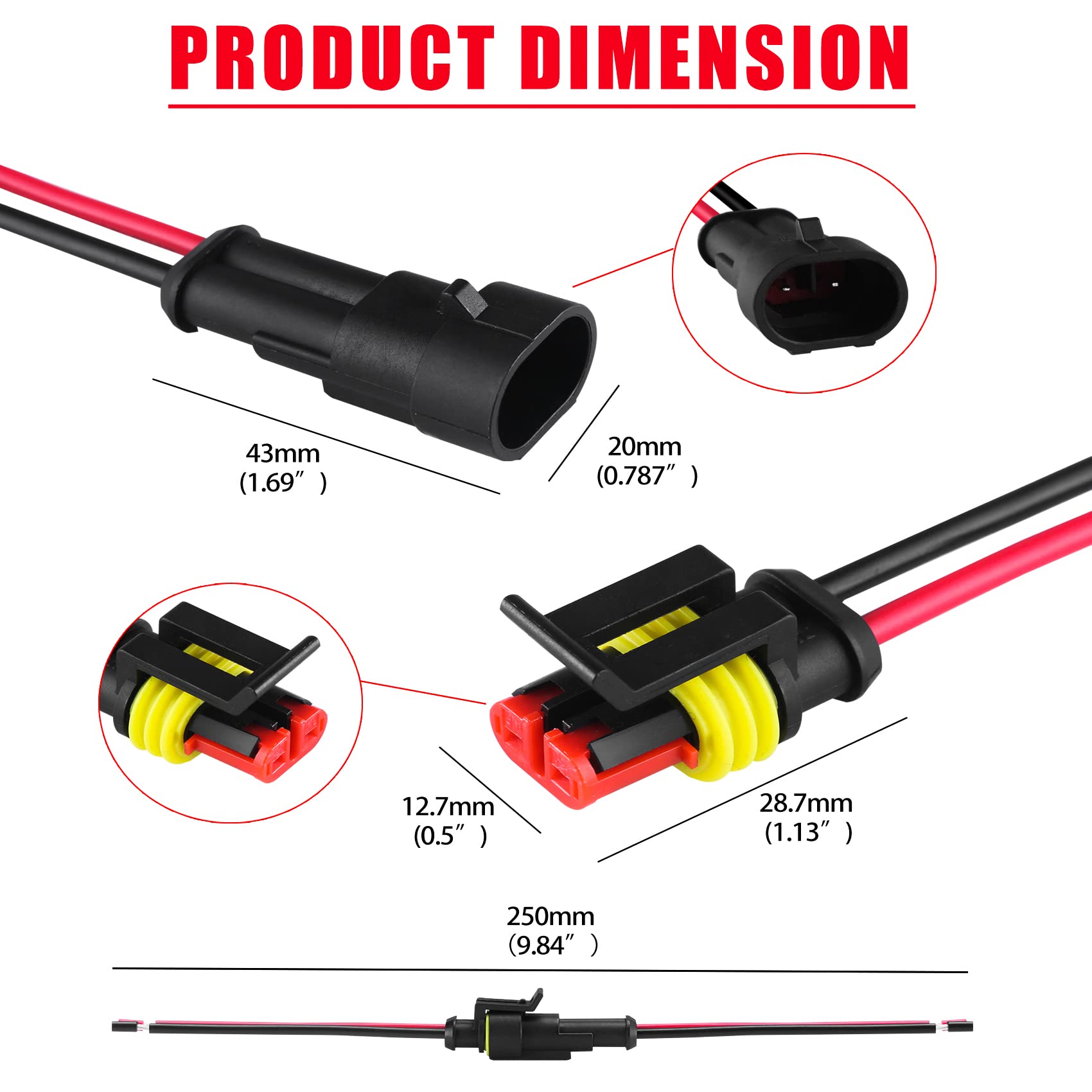 Muyi 2 Wire Connector 16Awg 5 Kits 2 Pin Waterproof Connectors With 10Cm Pigtail 1.5Mm Series Rubber Seal And Electrical Termina