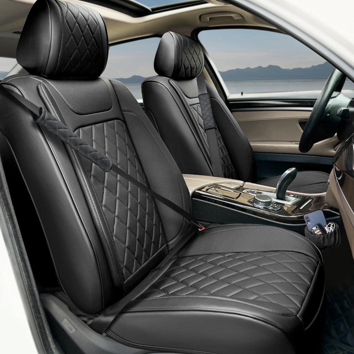 2 Pack Leather Front Car Seat Covers,Universal Breathable Full Surround Leather Car Seat Cover Protector,Split Waterproof Luxury