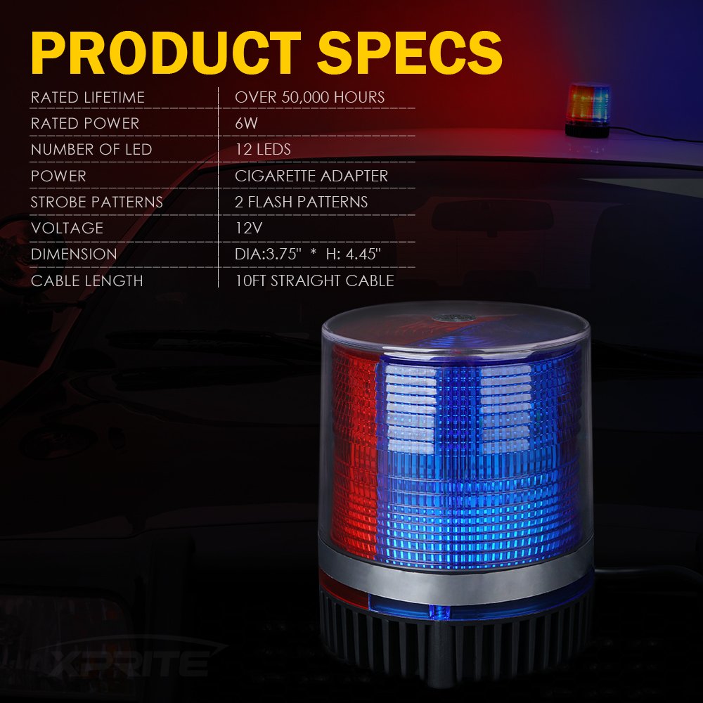 Xprite Red & Blue LED Rooftop Beacon Strobe Light Magnetic Base, Safety Warning Police Flashing Lights for Law Enforcement Vehic