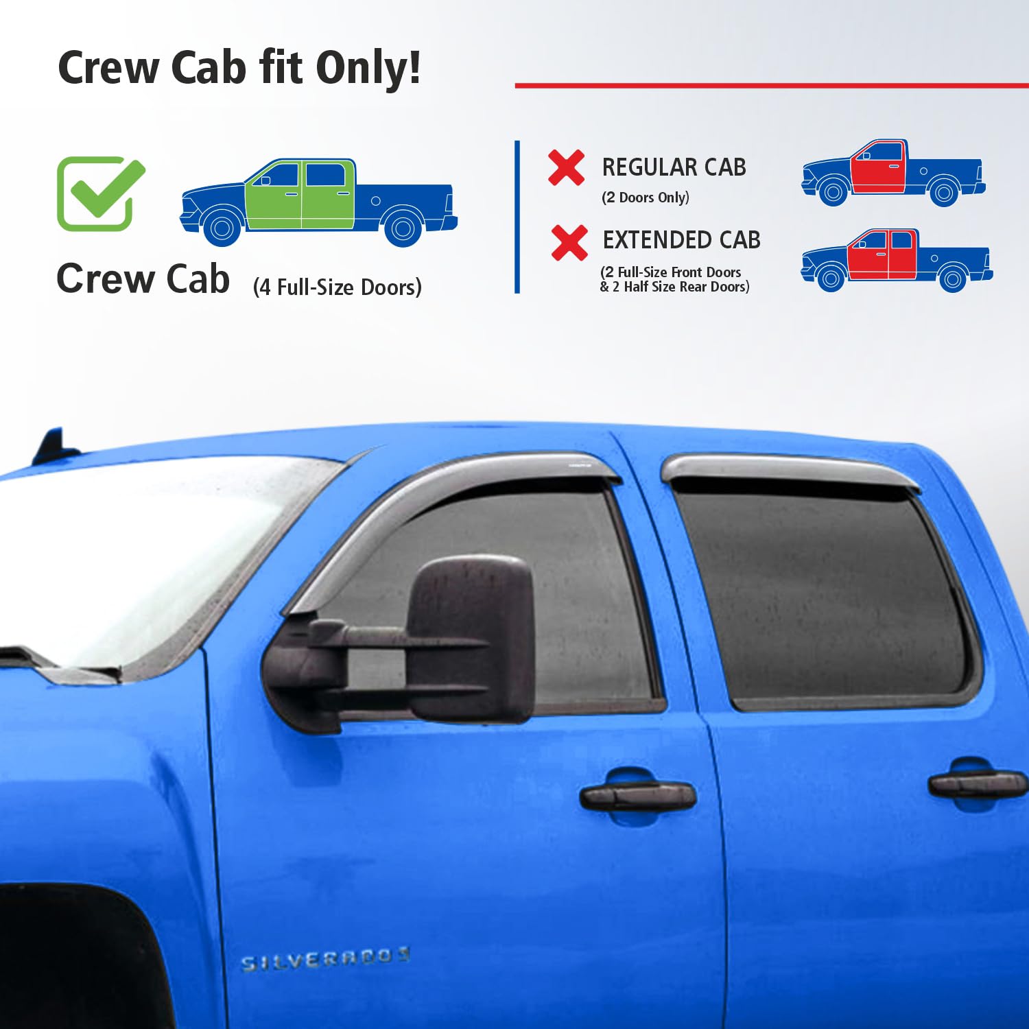 Goodyear Shatterproof Window Deflectors For Trucks Chevrolet Silverado/Gmc Sierra 2007-2013 Crew Cab, Tape-On Rain Guards, Windo