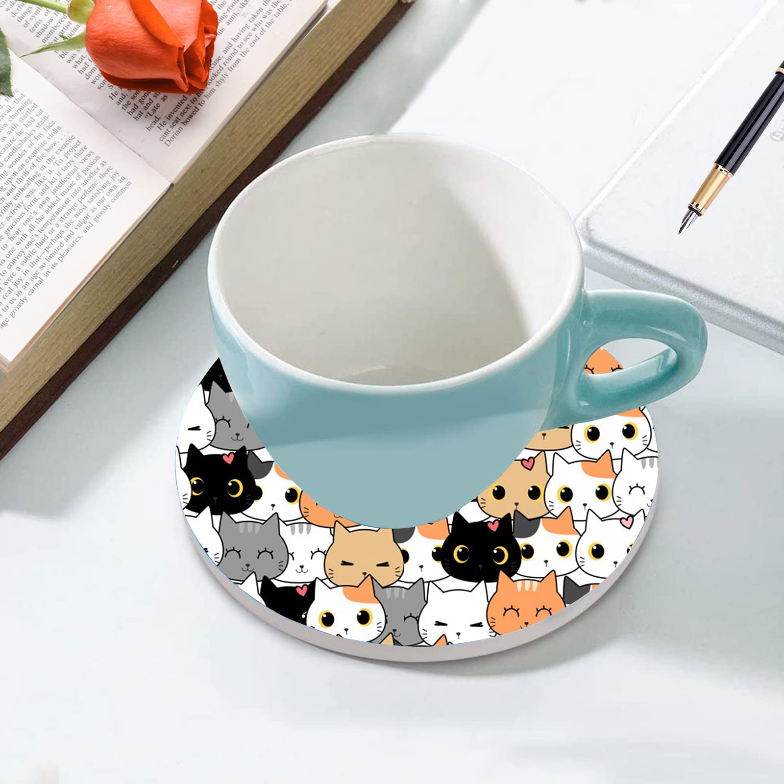 Cat Steering Wheel Cover for Women Men with 2 Pcs Car Coasters, Universal 14.5-15 Inch Cute Steering Wheel Covers Non-Slip Car A