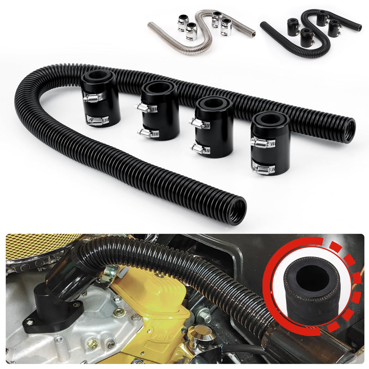 Flexible Radiator Hose 48    Stainless Steel Universal Coolant Water Hose Kit With 4Pcs Chrome Caps REENKEY (Black)