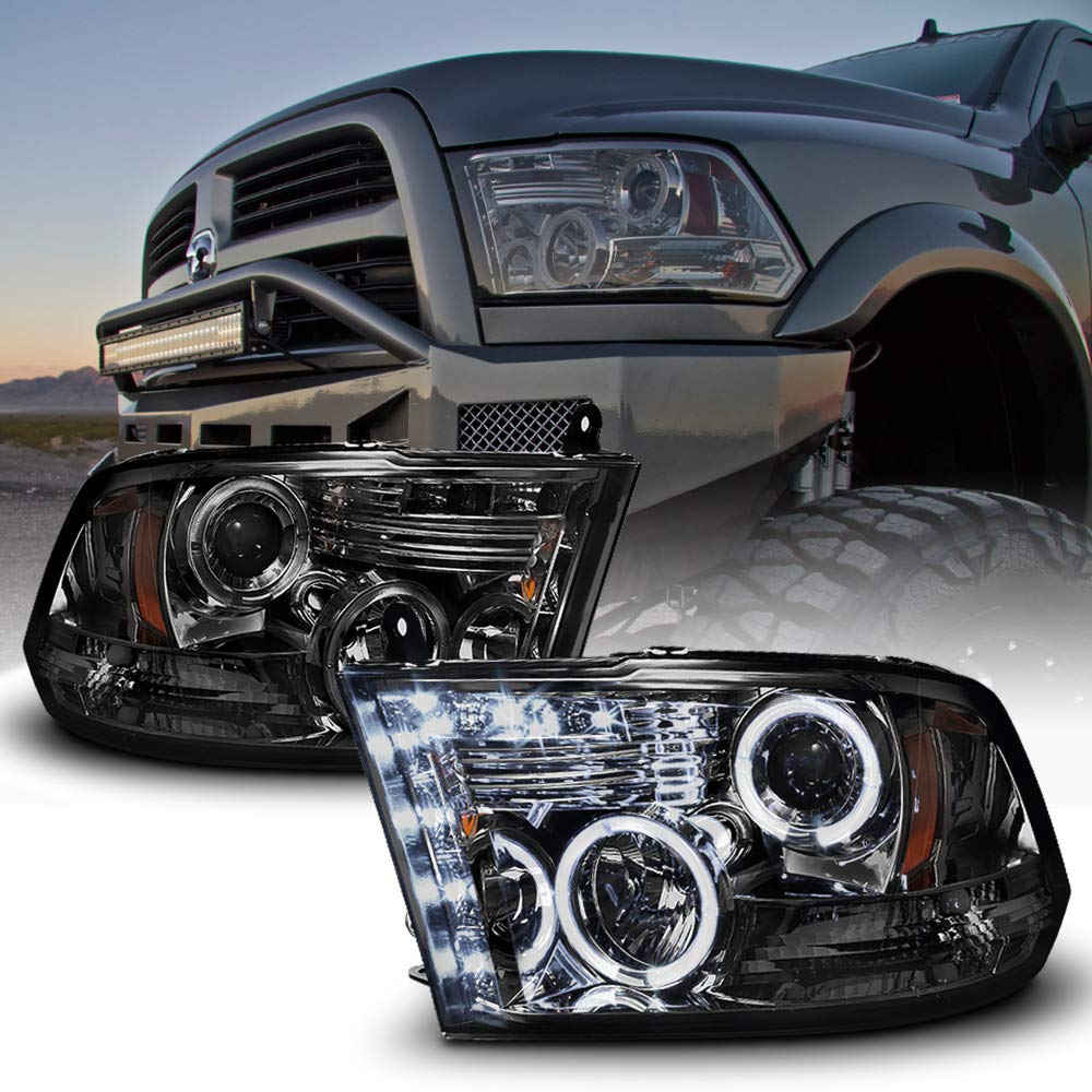 Acanii - For 2009-2018 Dodge Ram 1500 10-18 2500 3500 Led Halo Ring Smoked Lens Projector Headlights Headlamps Assembly