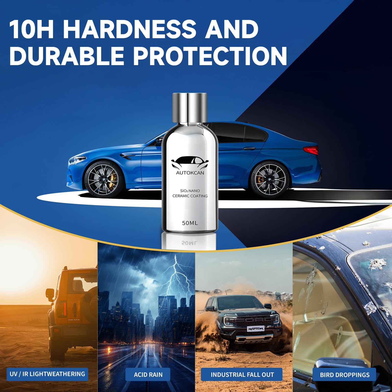 Autokcan Nano Ceramic Coating For Cars, 10H High Gloss 50Ml Anti-Scratch Sio2 Ceramic Coating Super Hydrophobic Mirror Paint Sealant Protection With Gloves 2 Years Warranty