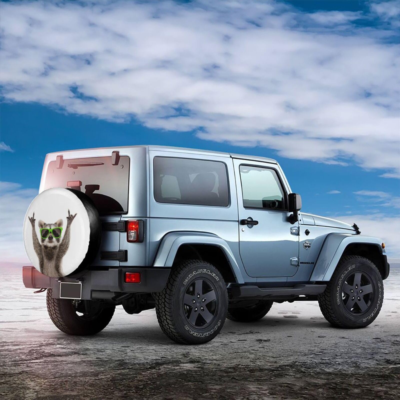 Funny Raccoon in Green Sunglasses Spare Tire Cover Cute Animal Tire Wheel Covers Waterproof Weatherproof Wheel Tire Protector Ty