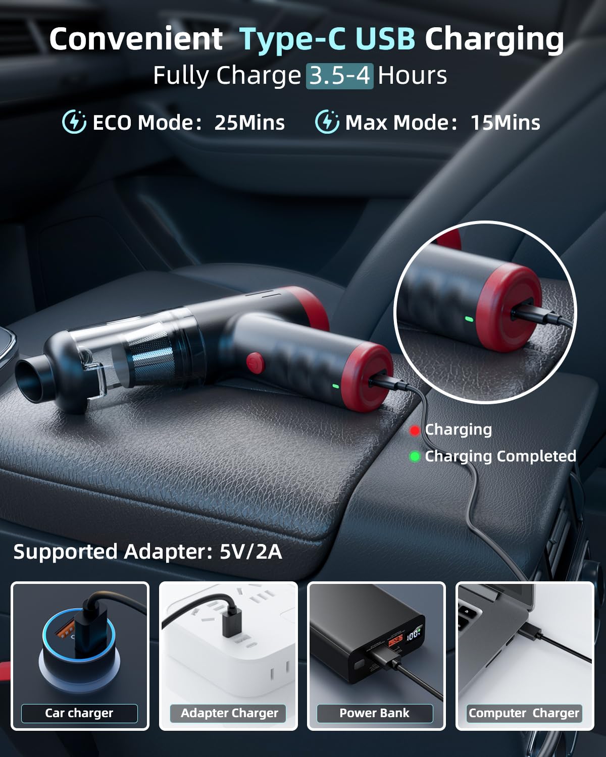 AX2V Car Vacuum Portable Cordless - 16000Pa Powerful Suction, 2 in 1 Handheld Vacuum and Air Duster with Cleaning Gel, Ideal for