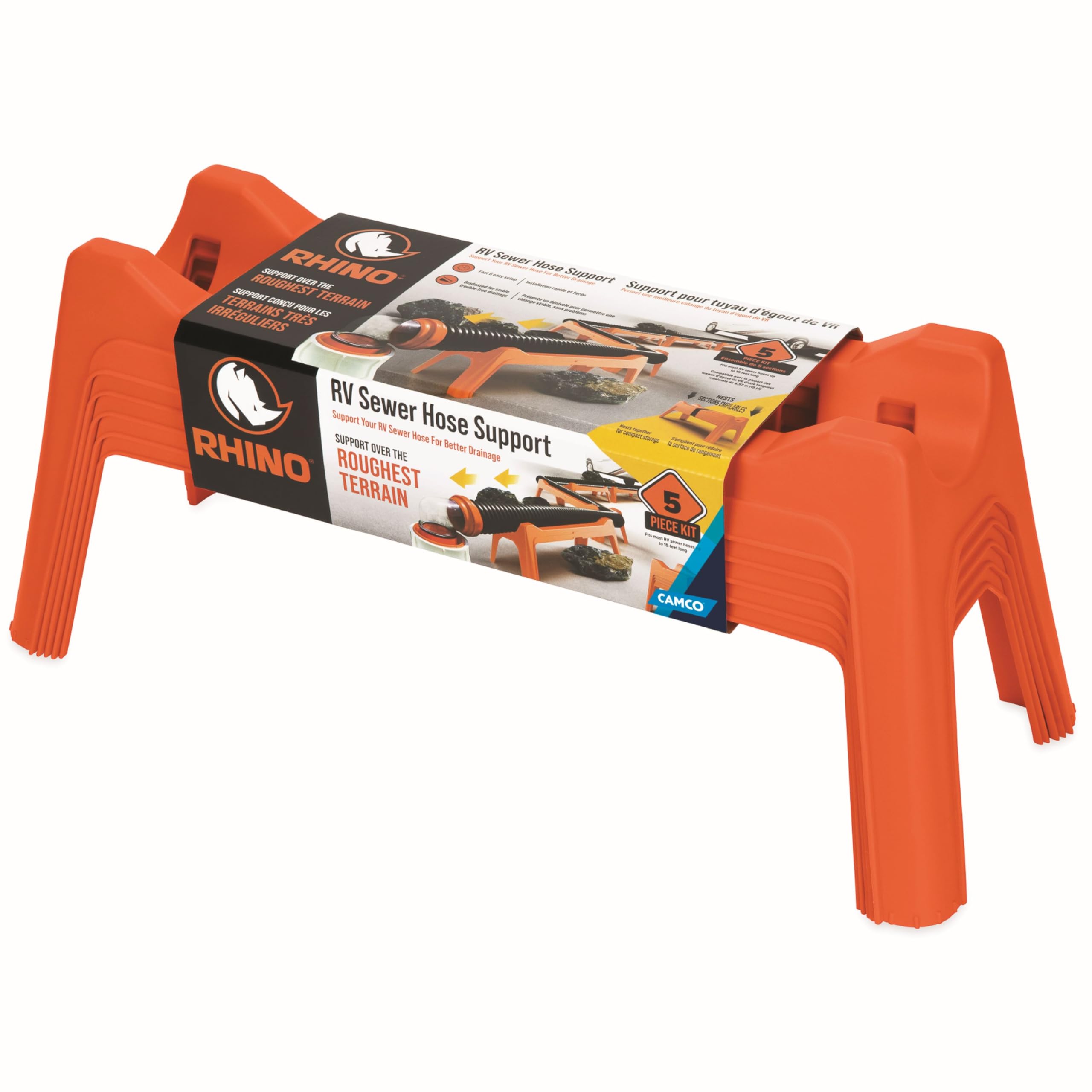 Camco Rhino RV Sewer Hose Support Kit - Extends Over Uneven Terrain for Easy Drainage - Supports Up to 15-Feet of RV Sewer Hose 