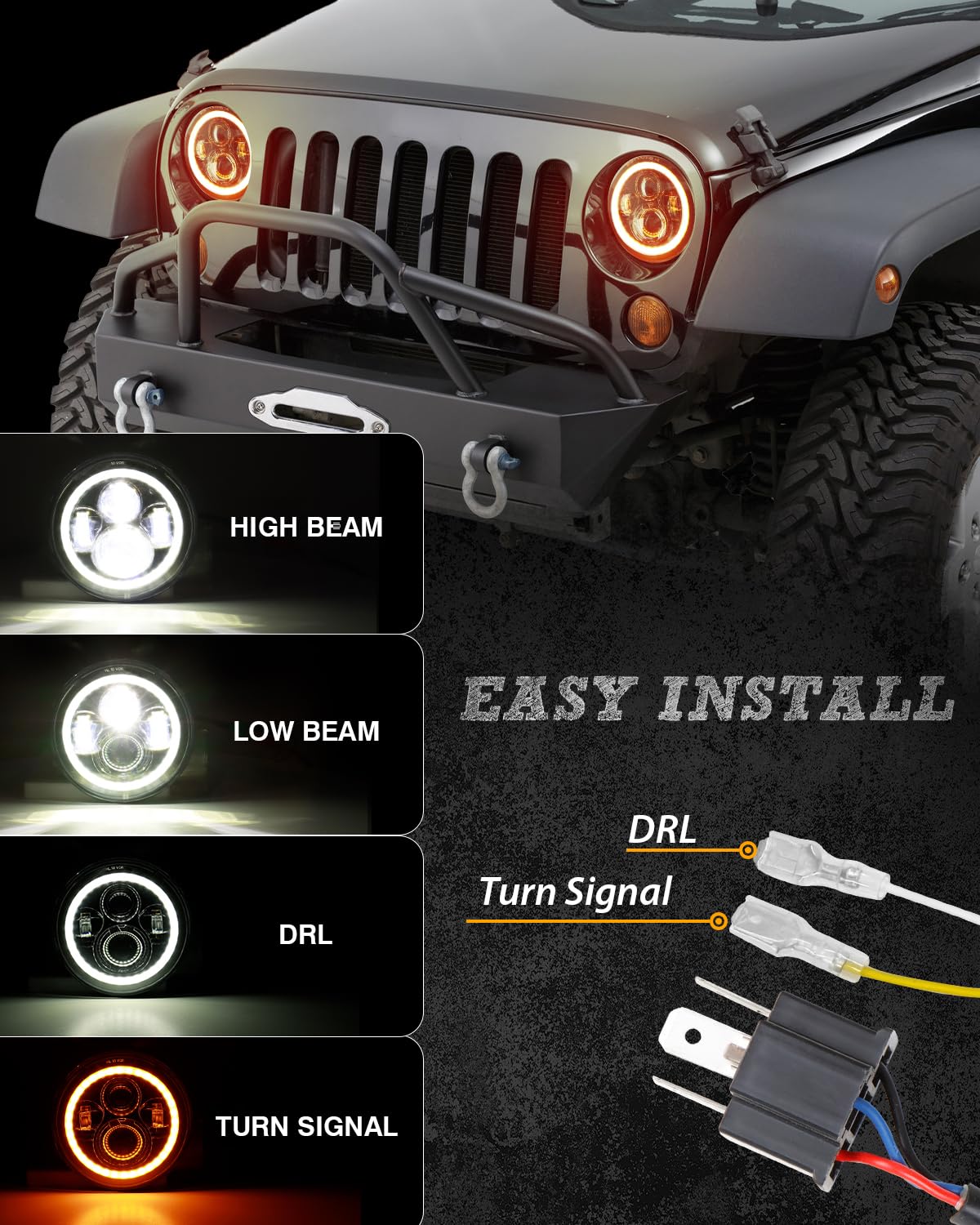 Gxenogo 7 Inch Led Halo Headlights With Amber Turn Signal White Drl Compatible With Jeep Wrangler Jk Tj Cj Chevy Blazer C10 Cama