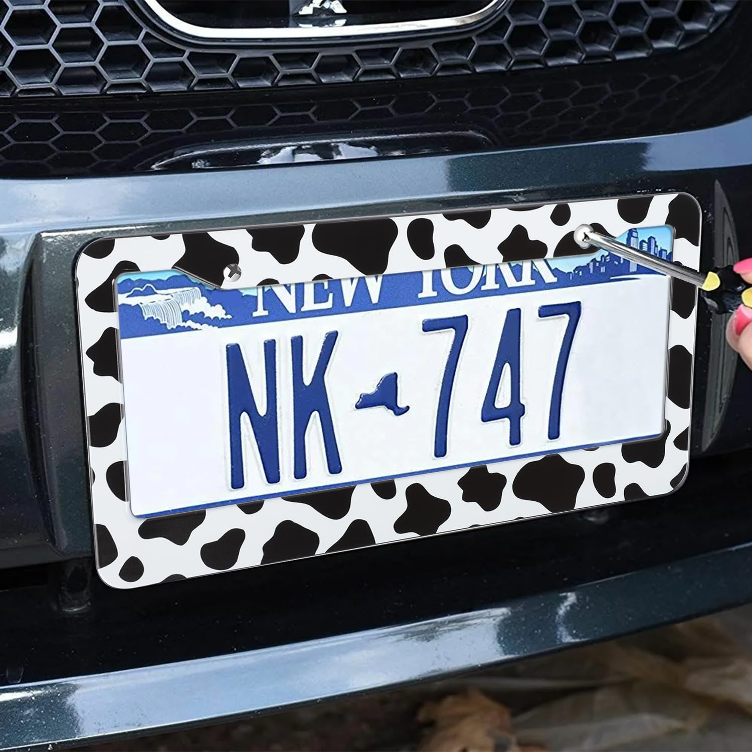 2 Pack Cow Print License Plate Frames- Cute Animal White Black Spot Cow Universal Auto Aluminum Car Tags Holder Cover with Screw