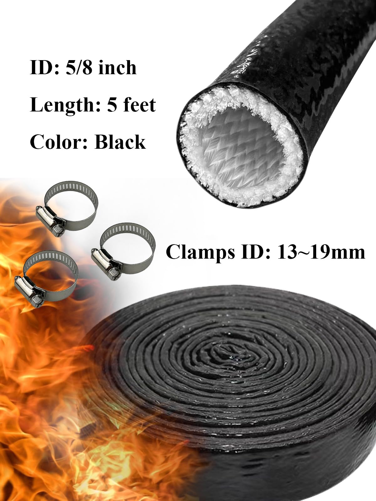 Yamakato 5/8'' Id Heat Shielded Fire Thermo Armor Fire Sleeve Silicone Coated Fiberglass Heat Protection W/ 3 Clamps For Automot