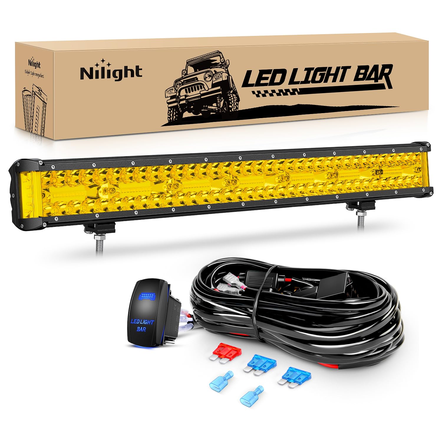 Nilight Side Shooter Led Light Bar 20 Inch Triple Row Spot Flood Combo Yellow Beam Lighting With 5Pin Rocker Switch Wiring Harne