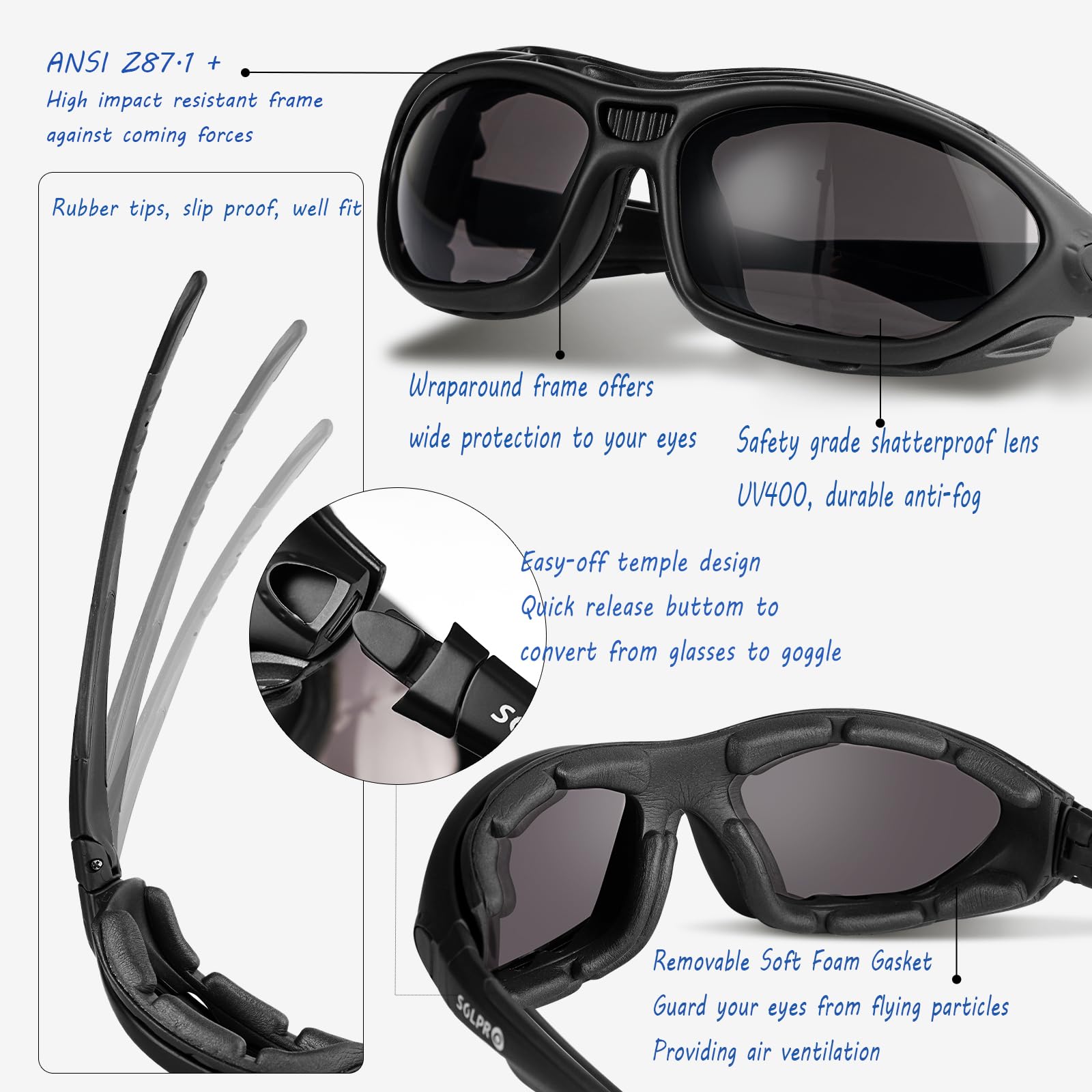 SOL PRO Anti-Fog Safety Motorcycle Riding Sunglasses Foam padded Goggle, Dustproof, Windproof, Hunting, Hiking, Golfing (Black -